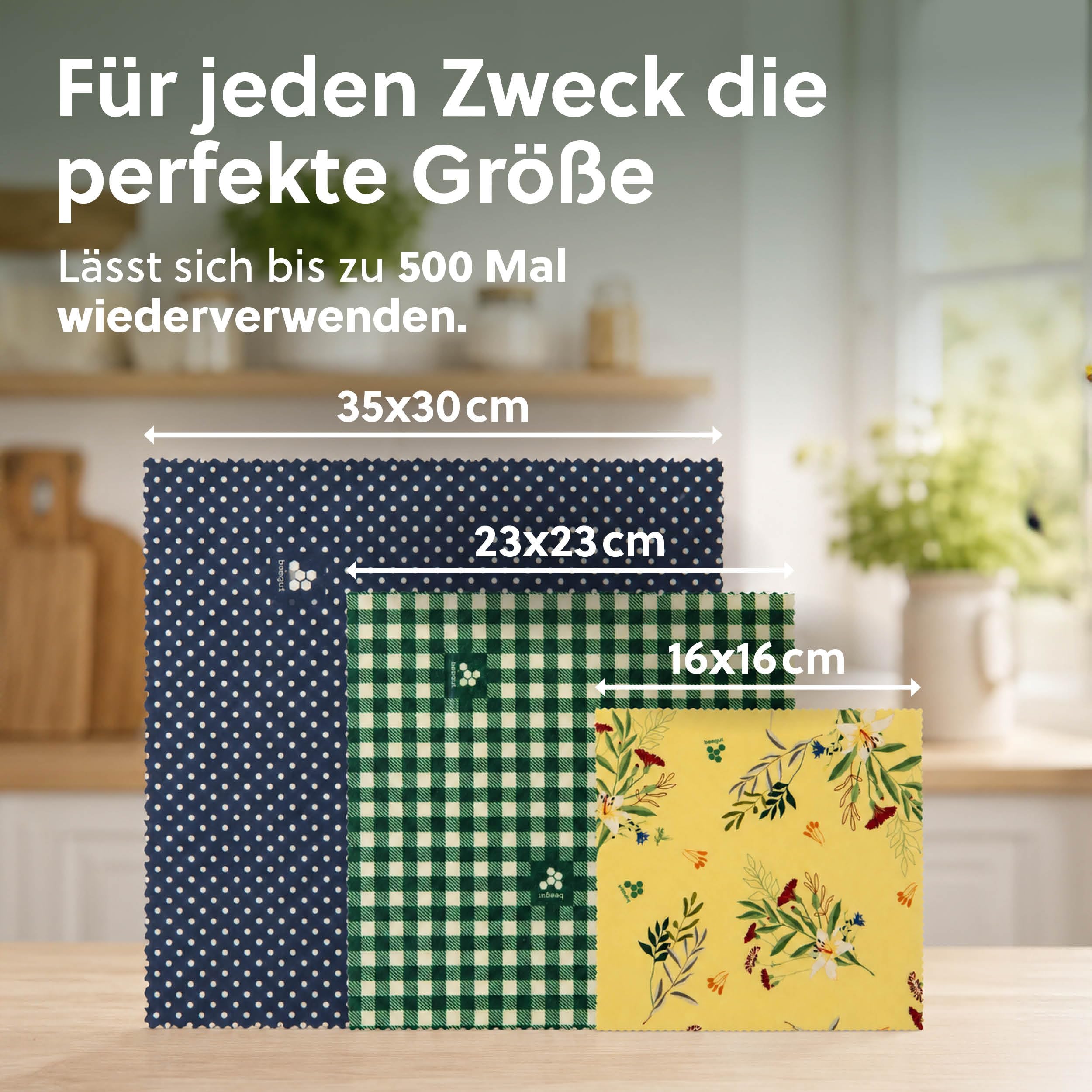 beegut BIO Bienenwachstücher 3er Set aus Deutschland, Lebensmittel frisch halten, nachhaltige & wiederverwendbare Alternative zur Frischhaltefolie, konform als Lebensmittelverpackung