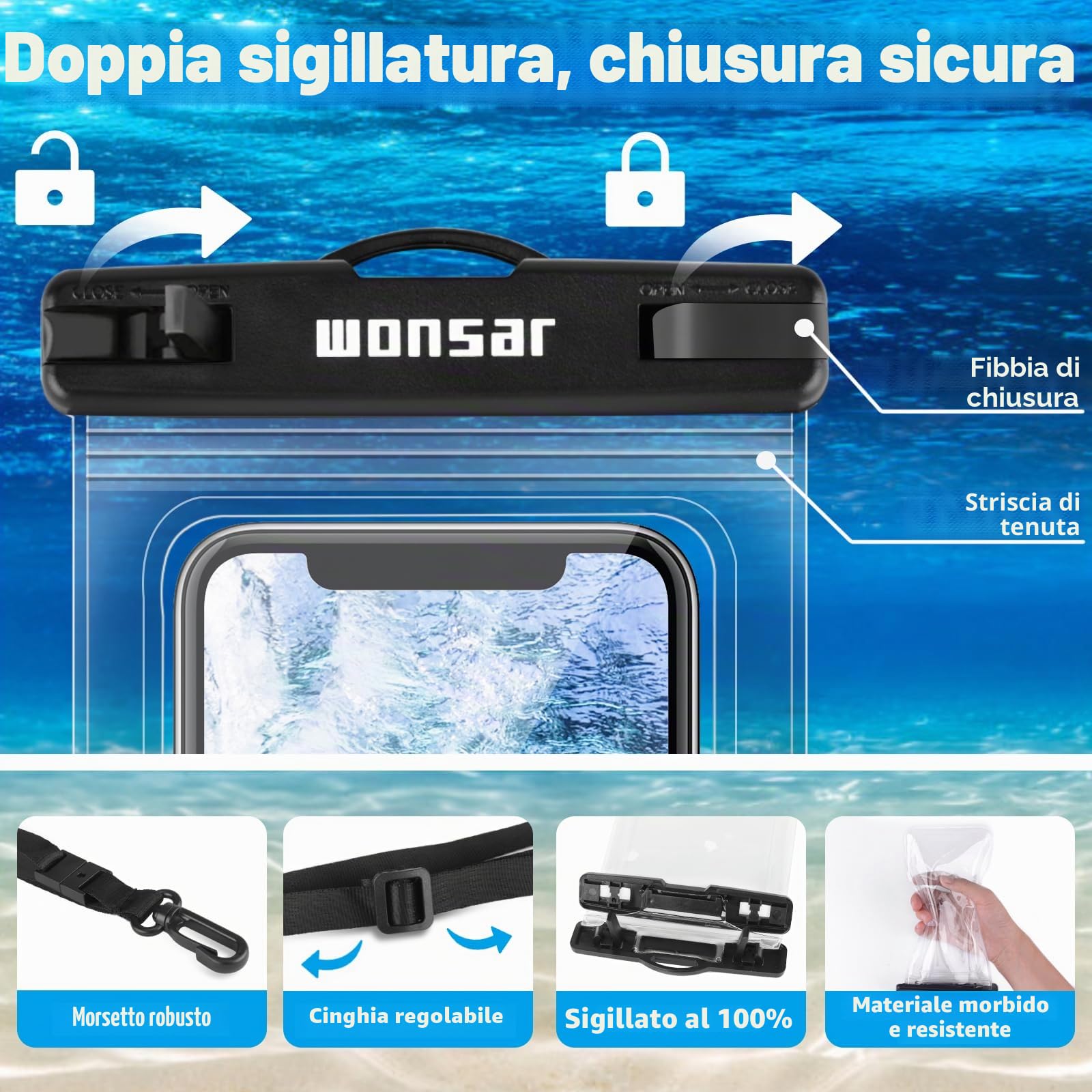 WONSAR borsa impermeabile, marsupio Custodia Smartphone, Porta Cellulare Subacquea Universale per Spiaggia Nuoto, Canottaggio, Pesca, Vela, Escursioni