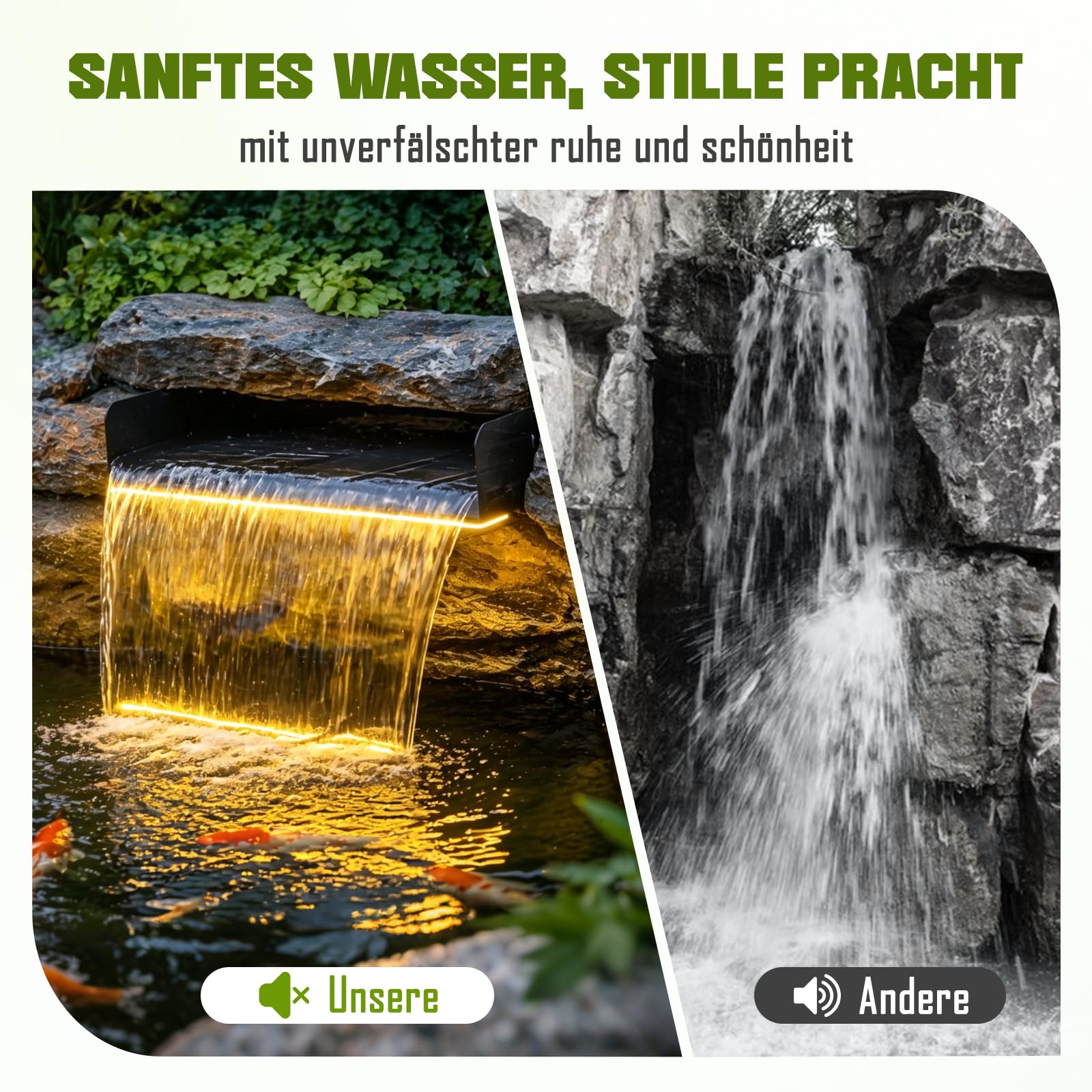 Edelstahl Wasserfall Set 30 cm mit LED Fernbedienung 45 W 3500 L/h Pumpe für Garten Teich Schwimmbad