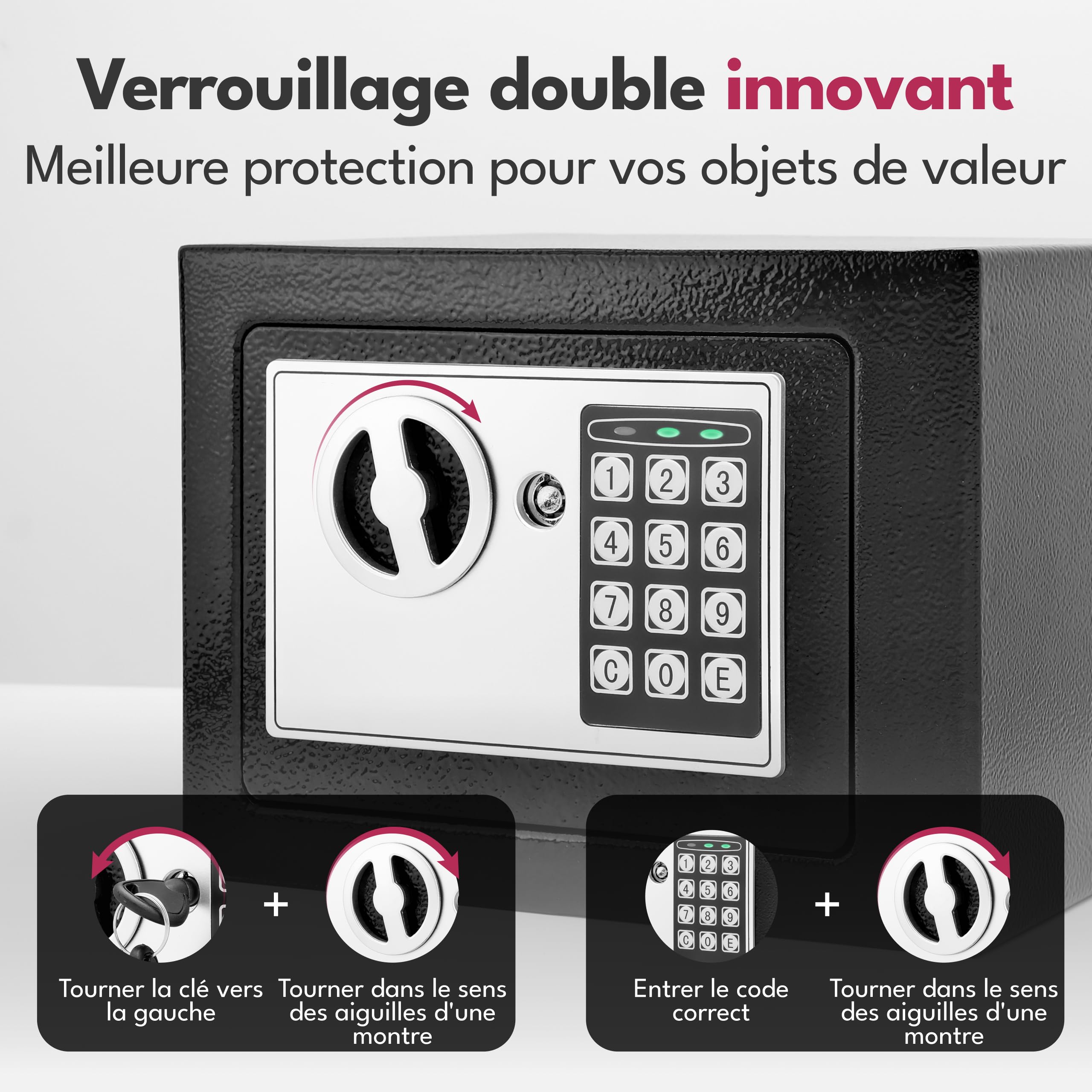 LEBENLANG 5L Coffre fort code - Aec pochette anti feu pour documents & a clef de secours I Accessoires de coffres-forts pour la maison avec serrure à combinaison I Petit Cofre fort Coffre-fort mural