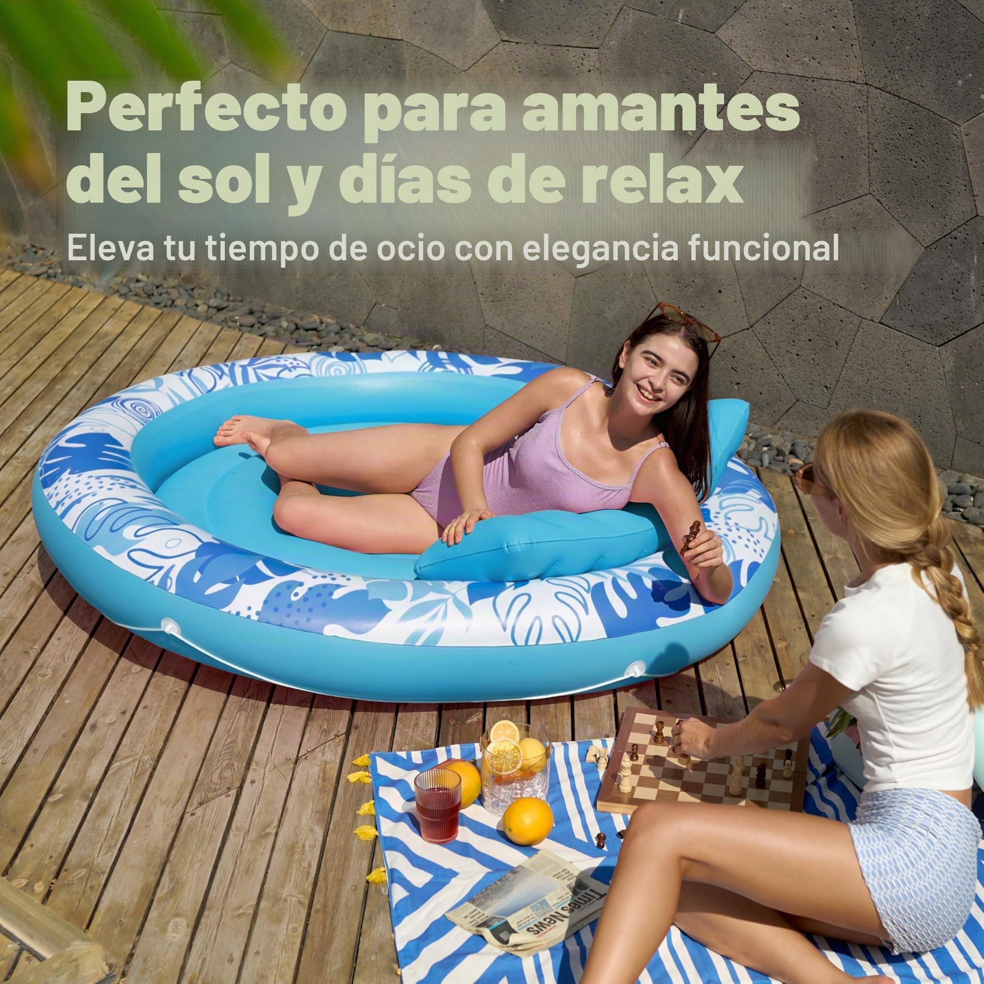 SLOOSH Flotador Inflable para alberca bronceadora, 72 x 65 Pulgadas, flotadores de Piscina para Adultos con Almohada, Tela de Lujo, Flotador Grande para Tina, para Tomar el Sol