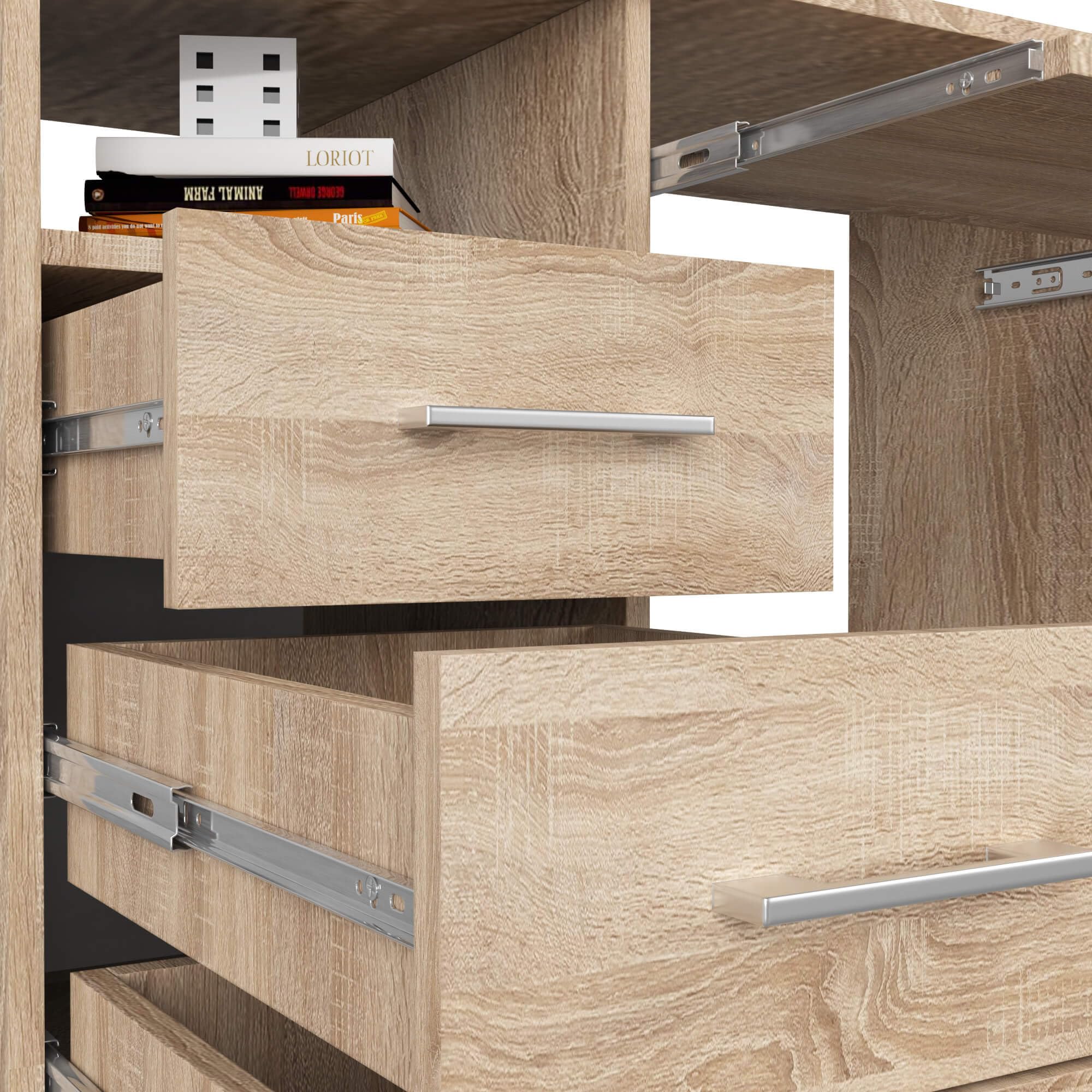 Mesa de ordenador Ana, Mueble Escritorio con 3 cajones, 1 estante con puerta, 2 estantes abiertos, 124 x 74 x 52 cm, 45 kg