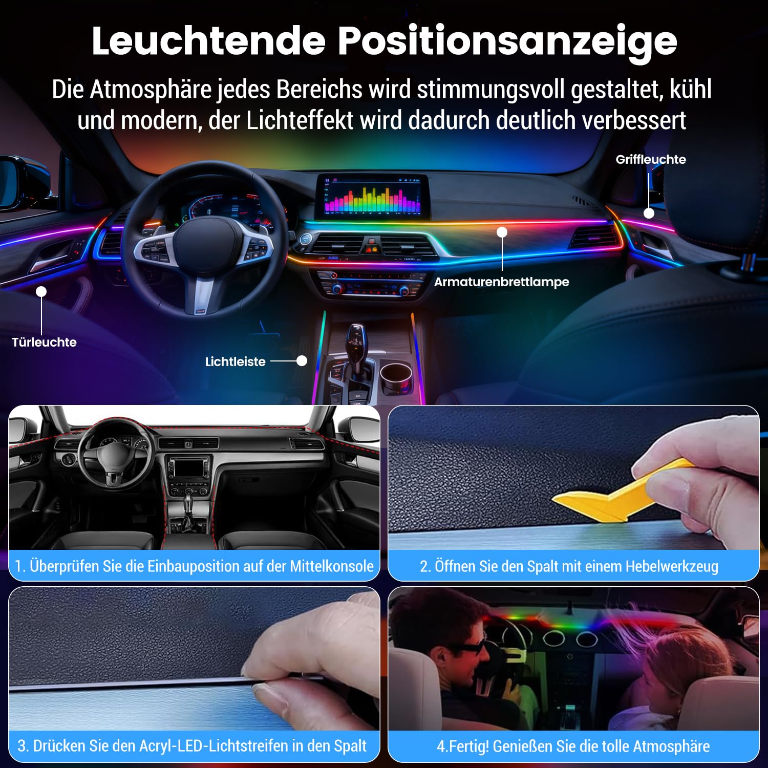 HMYC Luci per interni in acrilico a colori sognante per auto, 2 pezzi 110cm/43,3 pollici 128 striscia LED colorata per auto RGB in fibra ottica arcobaleno, luci neon per atmosfera dinamica universale
