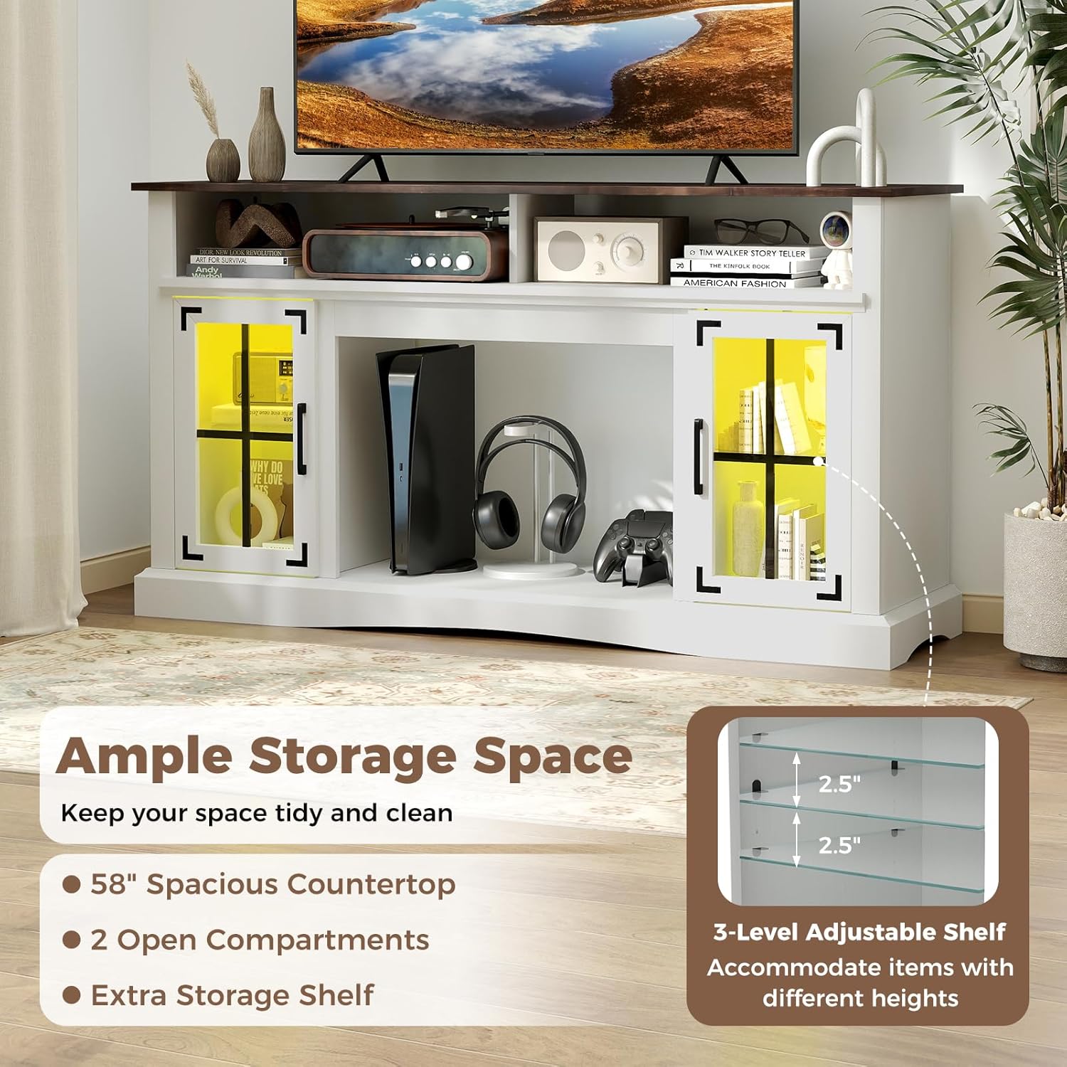 Tangkula Farmhouse TV Stand with LED Lights and Remote Control, 58” Media Entertainment Center for 65 Inch TV w/Storage Cabinets & Adjustable Shelves, TV Console Table for Living Room (White)