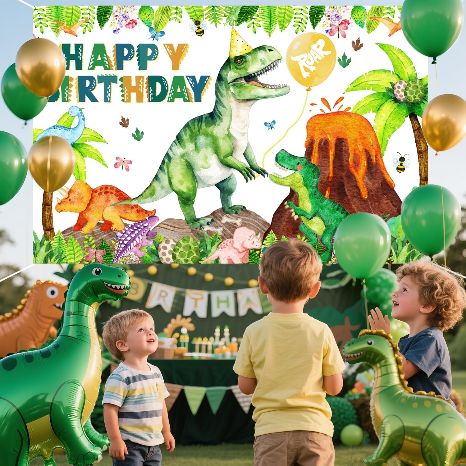 Dinosaur Birthday Backdrop Banner Roar Dino Happy Birthday Jungle Leaves T-rex Dinosaur Photography Background for Boy Girl 1st 2nd 3rd 4th 10th Bday Party Supplies Decor (Green Happy Bday Generic) - Image 3