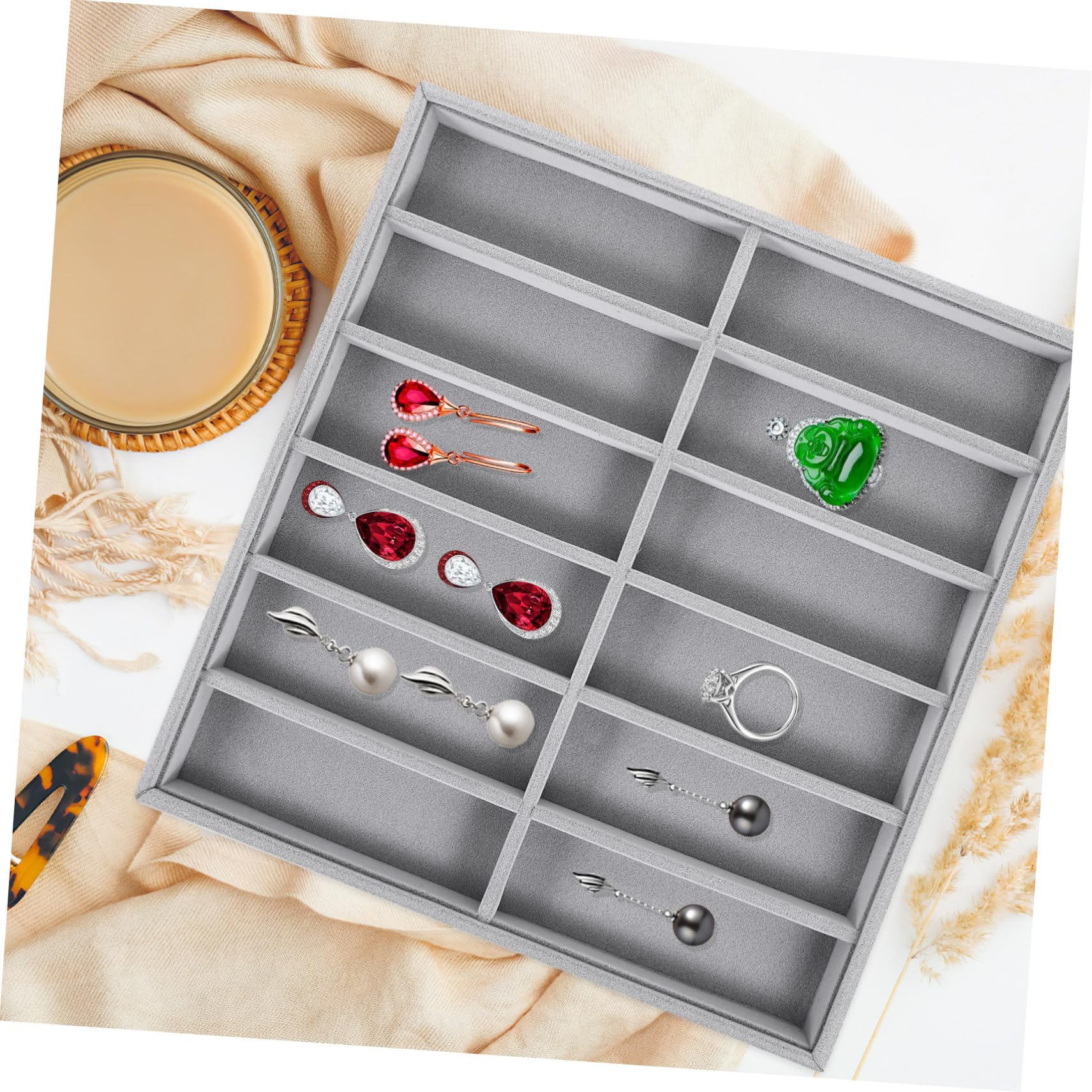 ABOOFAN Plateau de Rangement Empilable en Velours Couleur Neutre 12 Compartiments pour Lunettes de Soleil, Organisateur D'accessoires pour Ambiance Estivale sur Bureau de Boutique