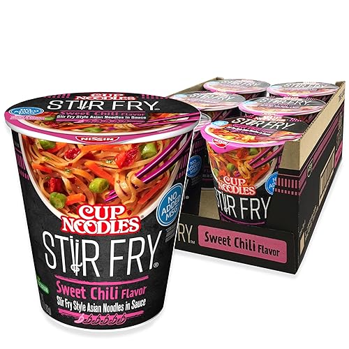 Nissin Cup Noodles Stir Fry Noodles in Sauce, Sweet Chili, 2.89 Ounce (Pack of 6) - Sweet Chili - 2.89 Ounce (Pack of 6)