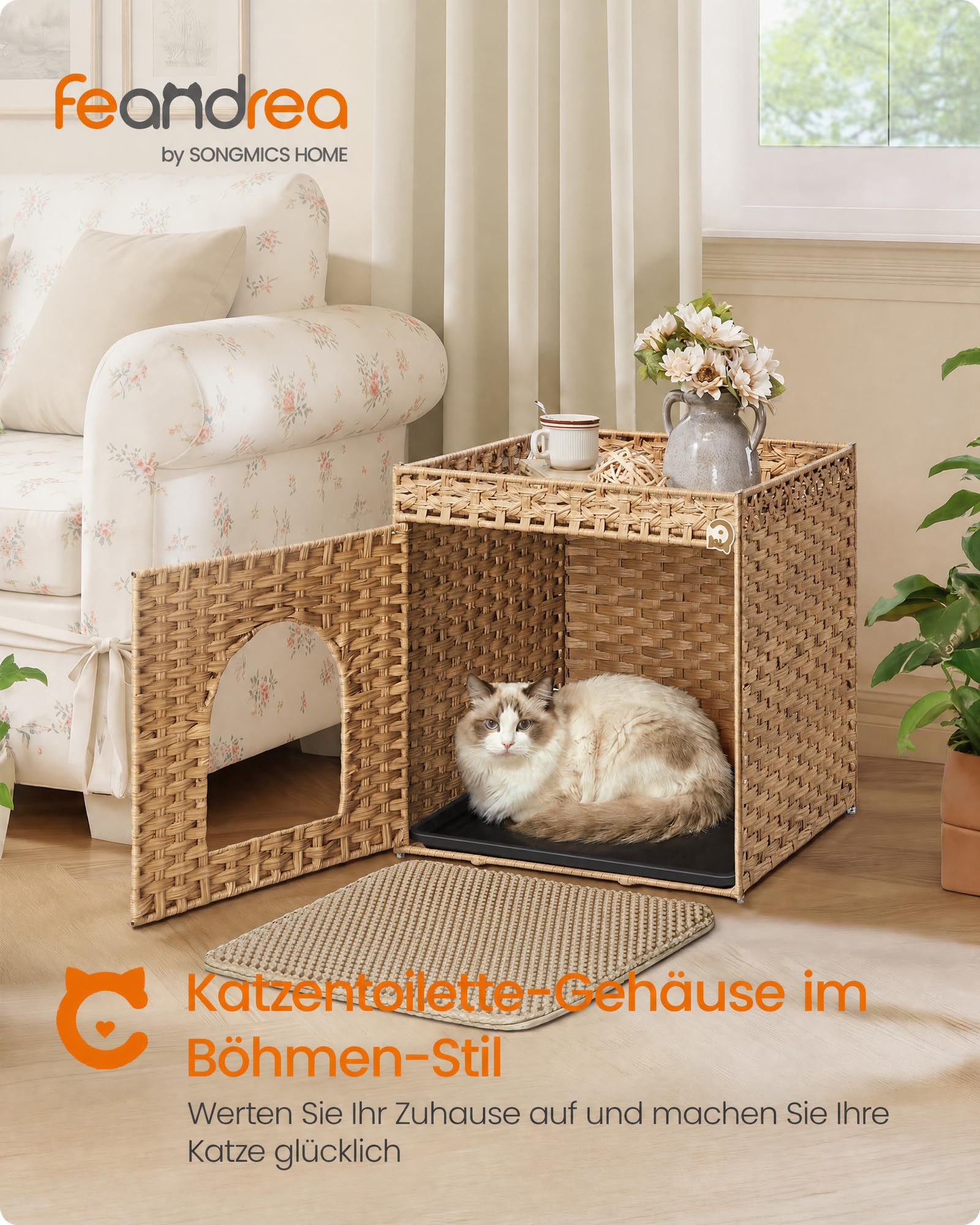 Feandrea Katzenschrank, Handgeflochtenes Katzenhaus, 52,5 x 52,5 x 56 cm | Beistelltisch mit Herausnehmbarem Tablett, in Rattan-Optik, Boho-Stil, Warmgelb, ELIOTT Kollektion PCL024YE01