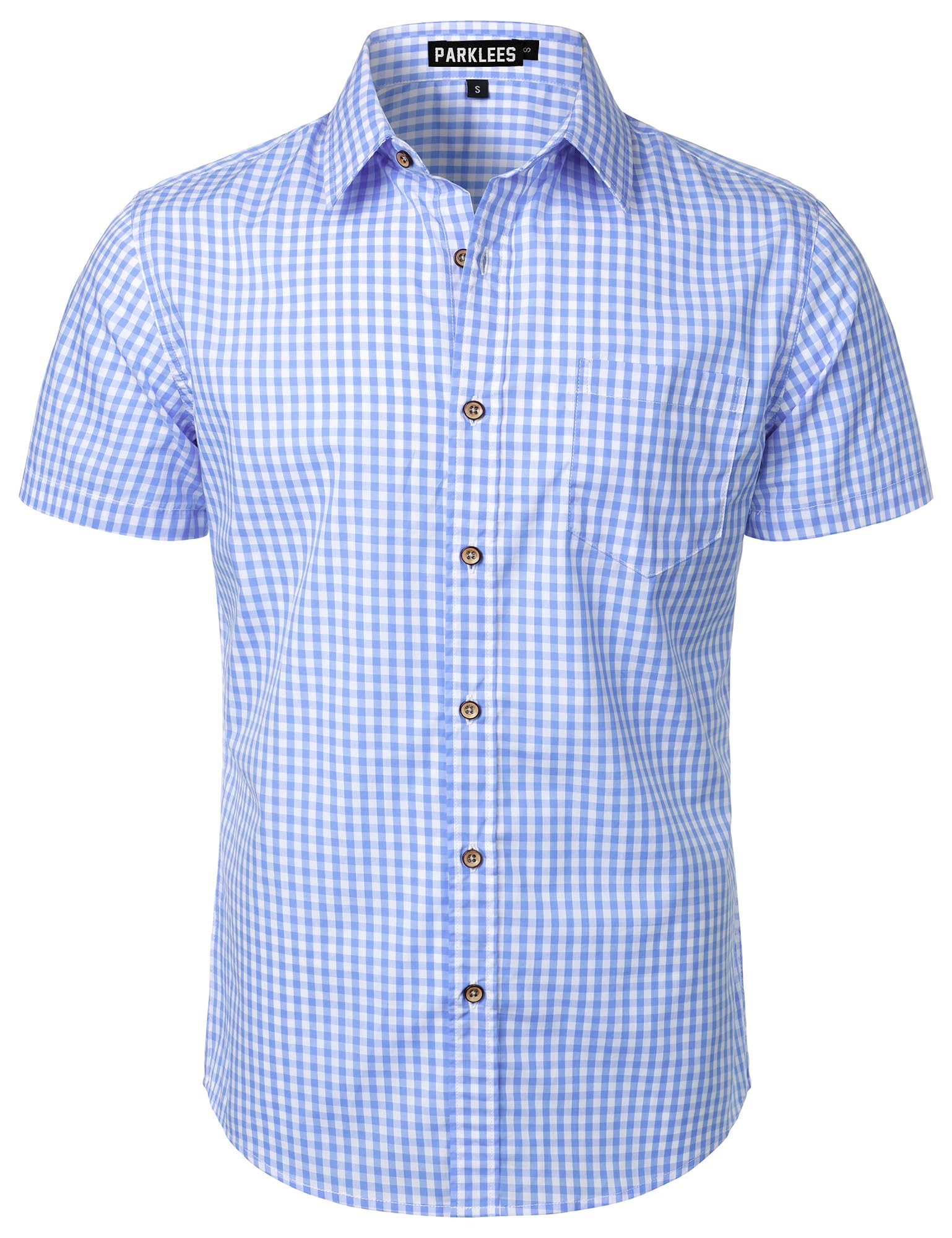 PARKLEES Chemise décontractée à carreaux boutonnée en coton à manches courtes pour homme, coupe régulière avec poche