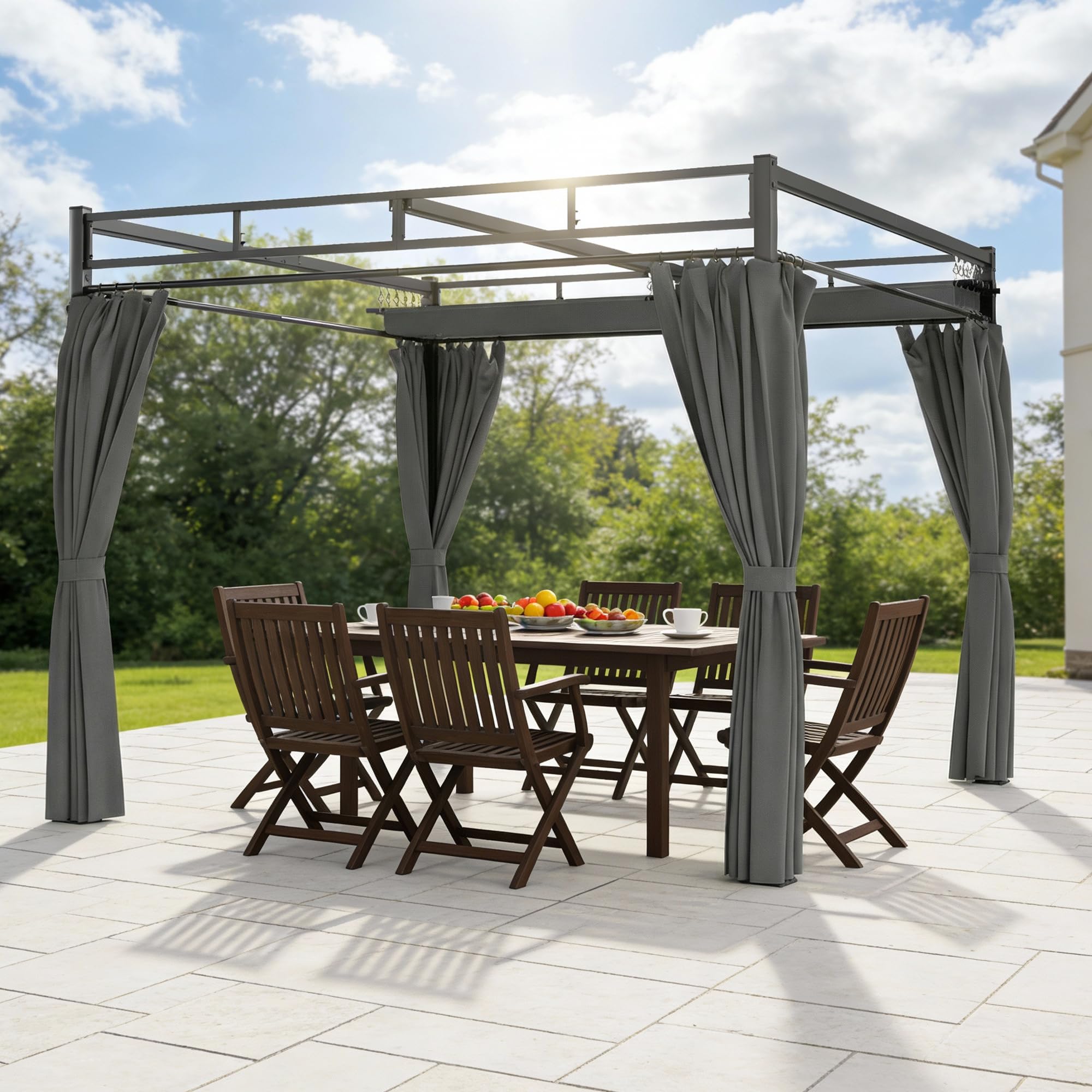 Outsunny Pérgola de Jardín 3x3 m con Techo Retráctil y 4 Cortinas, Cenador de Jardín con Protección UV30+, Impermeable, Estructura Metálica, Pabellón para Patio, Terraza, Exterior, Gris Oscuro — view 9