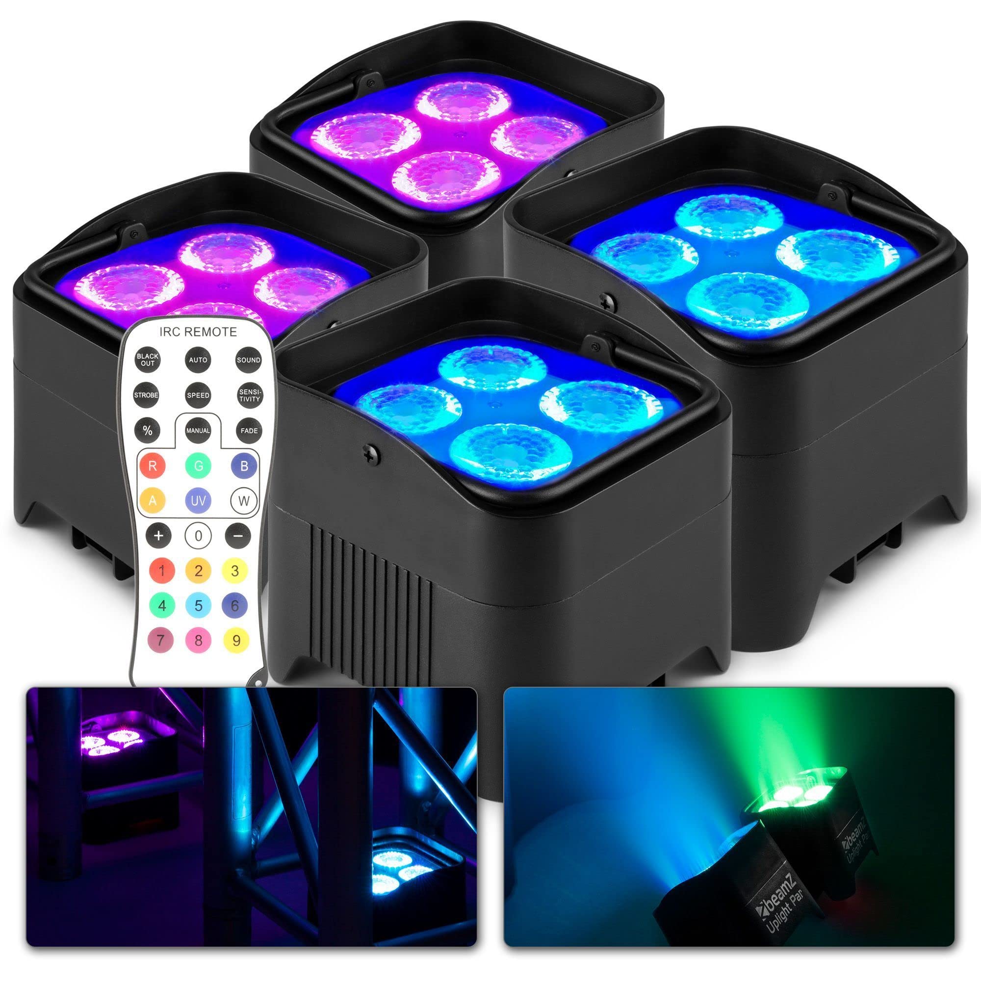 BeamZ BBP94W Uplight LED Par Strahler, 4er Set - 4x 12 Watt, bis zu 9h Akku, Bühnenbeleuchtung 4er Set für DJ Pult, Bühnenlicht, DMX-WLAN, Partylicht Musikgesteuert, Bühnenequipment, Fernbedienung
