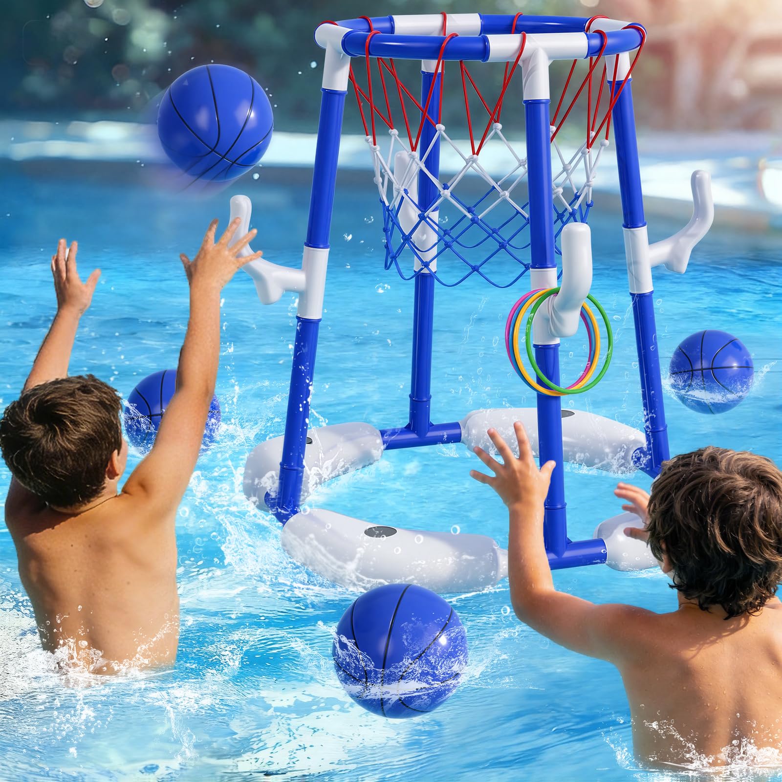 Pool Basketballkorb für Kinder 4-12 Jahre – 2-in-1 Schwimmendes & Oberirdisches Wasserspiel mit 4 Bällen, Pumpe