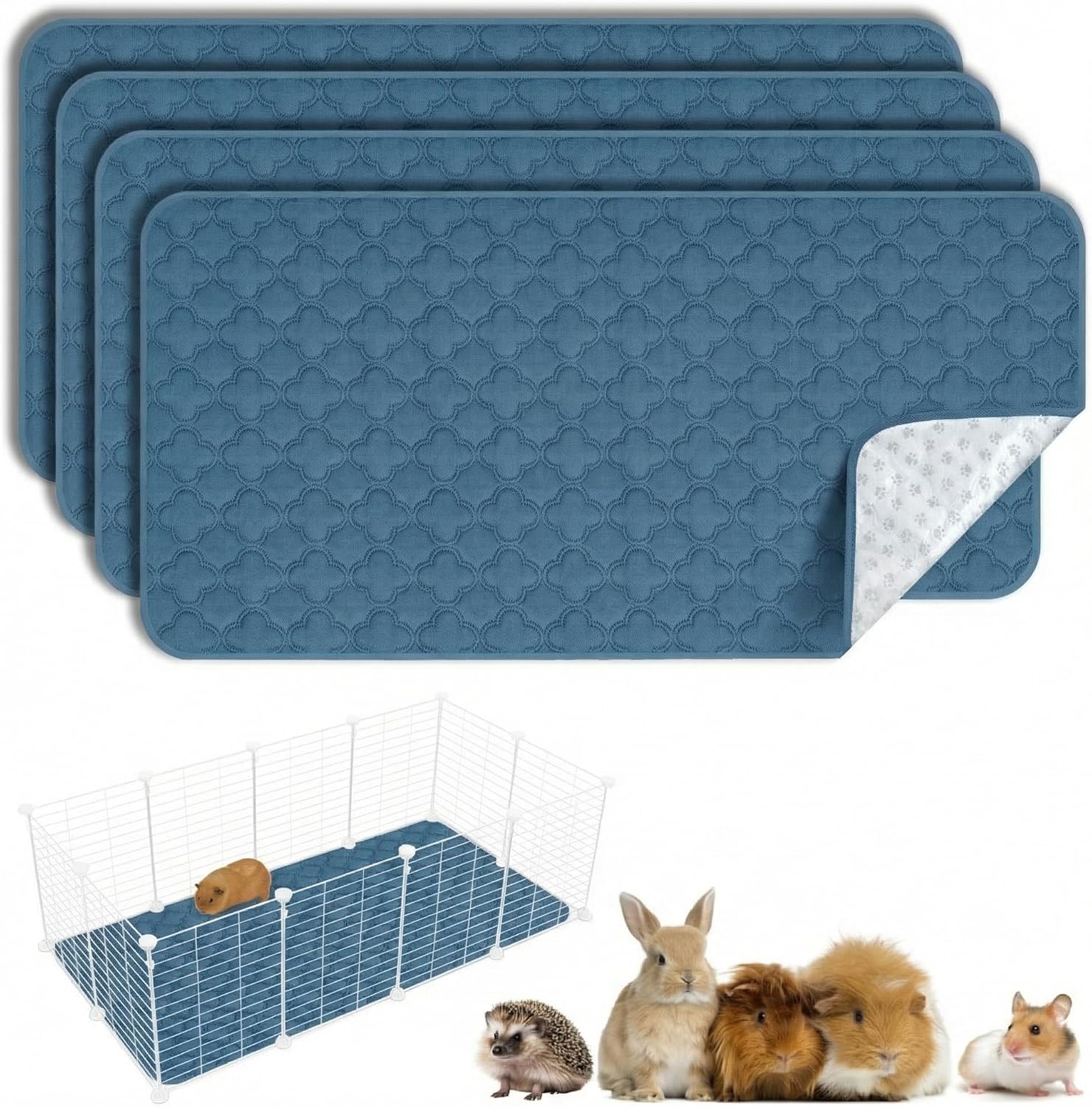 Washable Guinea Pig Cage Liner - 4 Pack Reusable Washable Pee Pads，Waterproof Guinea Pig Bedding for Small Animal - Rabbit Bunny Hamster Puppy (Blue, 24" X 47" - 4 Pack)