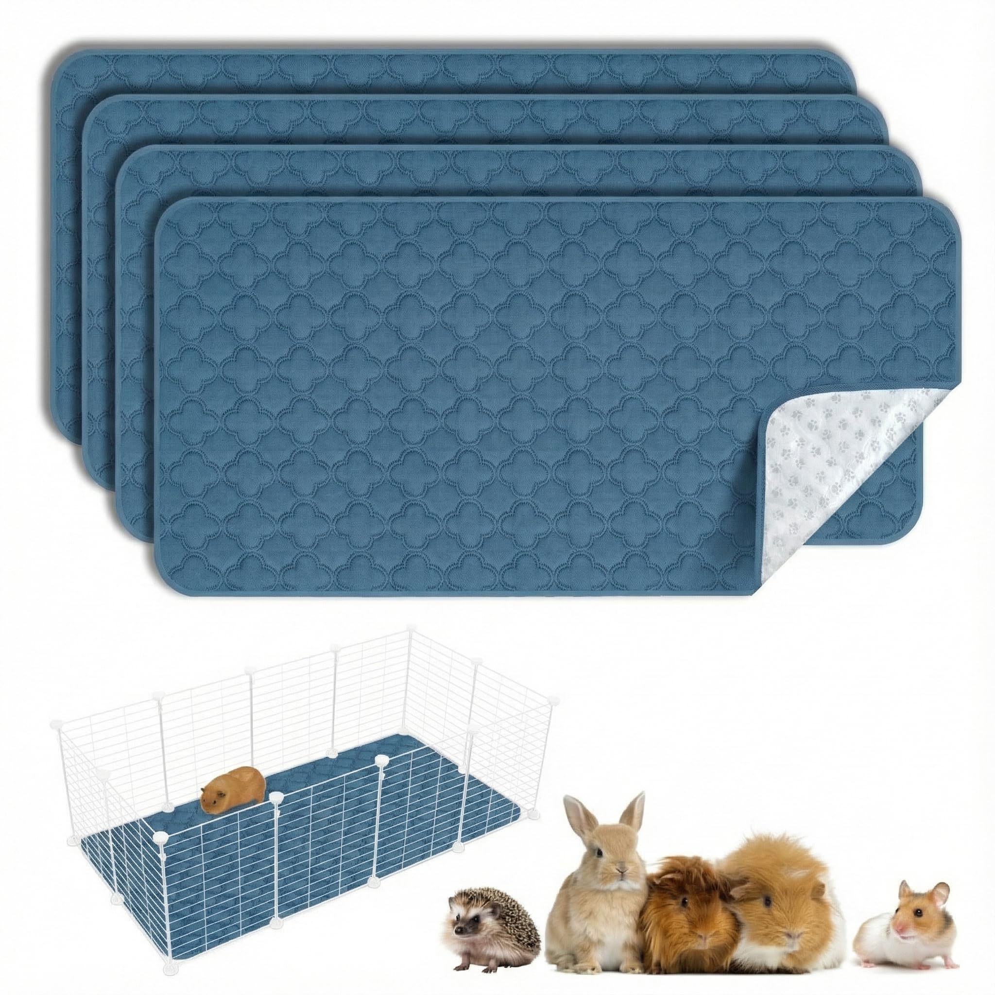 Washable Guinea Pig Cage Liner - 4 Pack Reusable Washable Pee Pads，Waterproof Guinea Pig Bedding for Small Animal - Rabbit Bunny Hamster Puppy (Blue, 24" X 47" - 4 Pack)