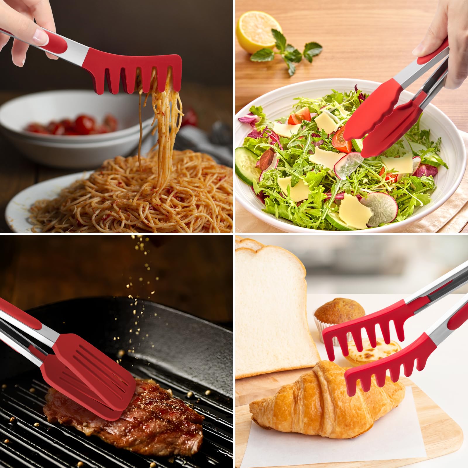 Paquete de 3 pinzas de silicona para cocinar, pinzas de cocina de 9 pulgadas con puntas de silicona, pinzas antiadherentes de acero inoxidable para bistec, pizza, pasta, espaguetis,