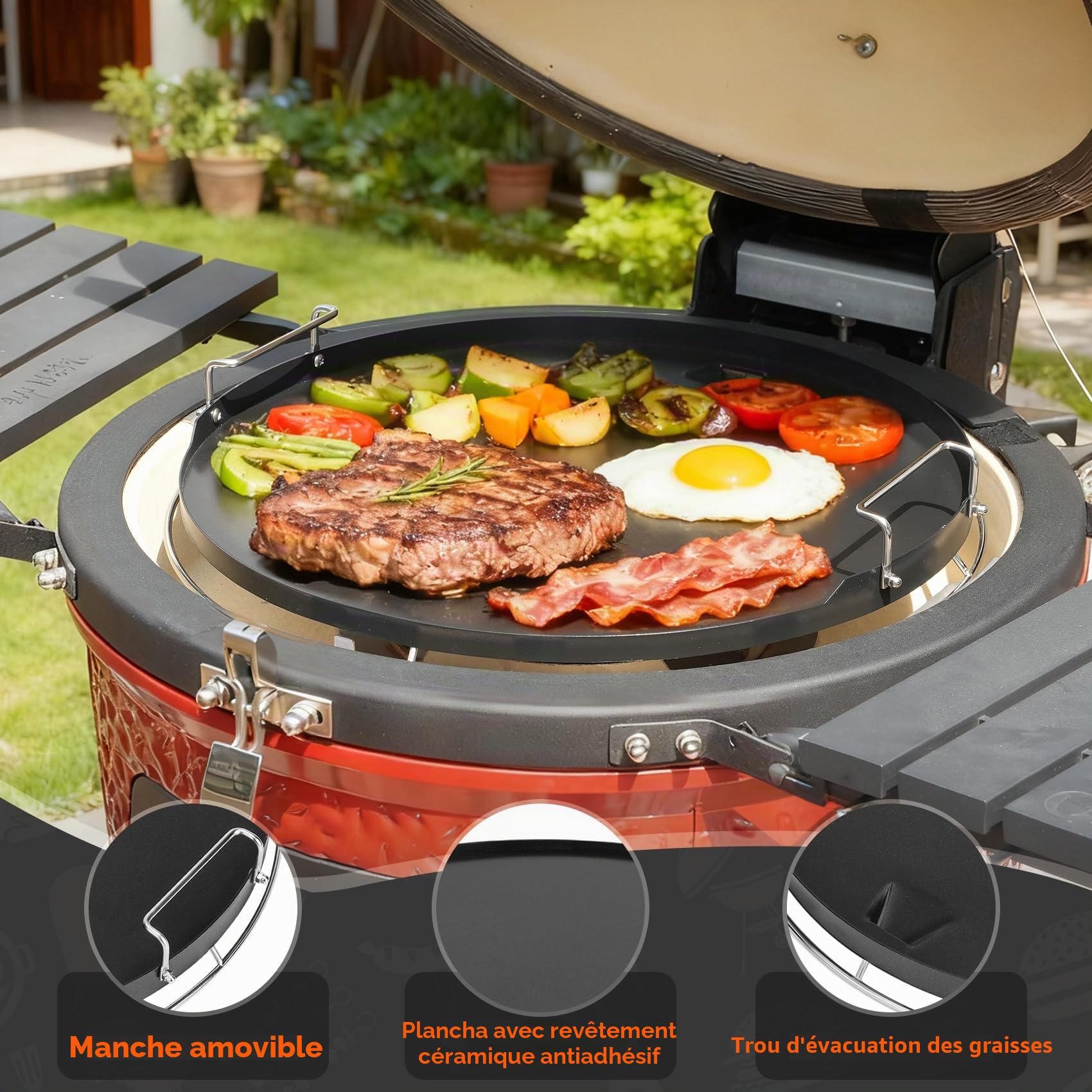 Onlyfire Plaque Plancha Ronde en Céramique Antiadhésive pour Big Green Egg et Kamado Joe de 46 cm, Accessoire pour Kamado 46 cm, Plaque de Cuisson avec Poignée Amovible et Evacuation des Graisses