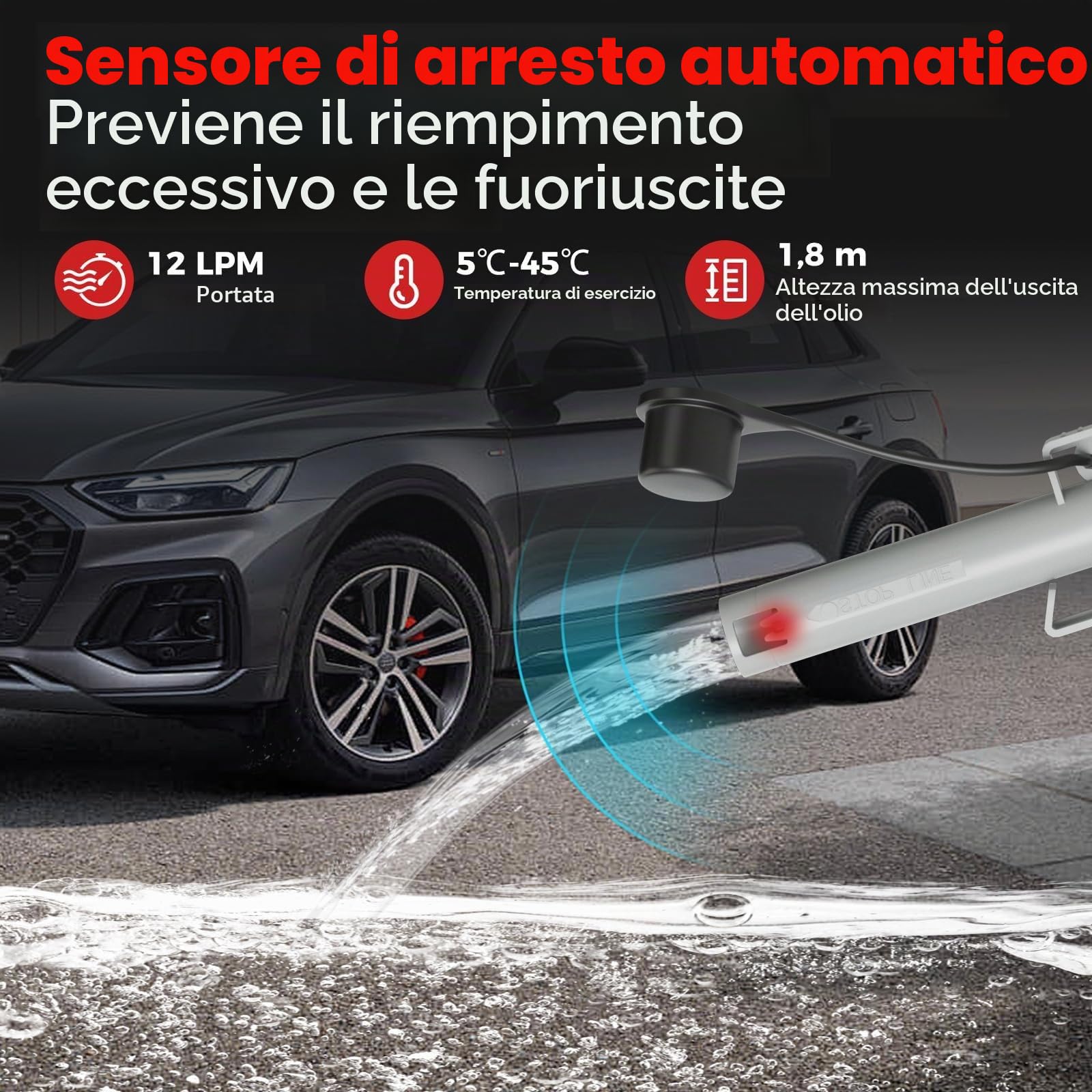 FANTASK Pompa elettrica di trasferimento del carburante con sensore di arresto automatico, 3,2 GPM pompa benzina/diesel/olio con tubo e 3 adattatori, rosso e bianco