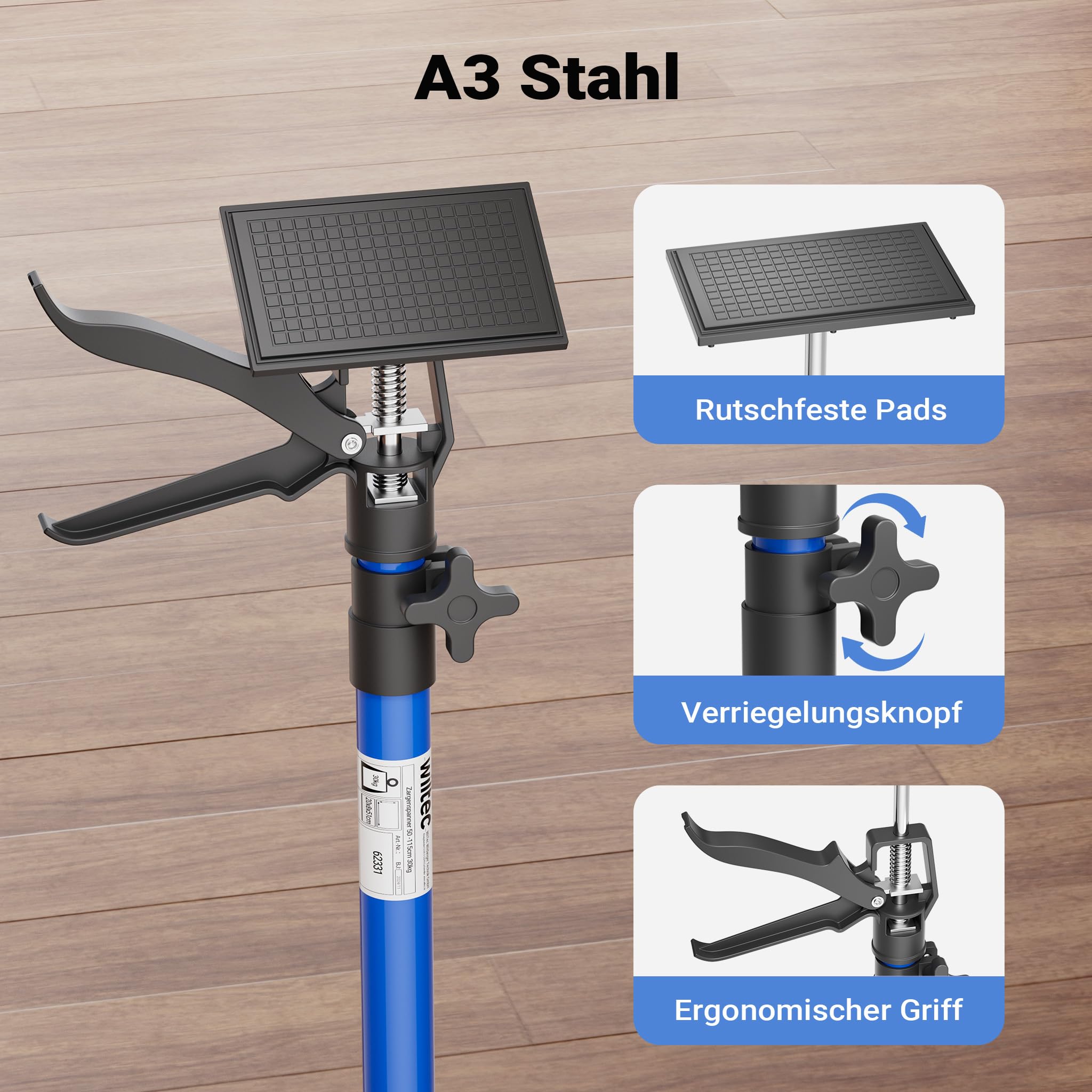 Wiltec Zargenspanner 3er Set, stufenlos 51-113,05 cm mit max. 30 kg Tragkraft, Türzargenspanner mit neigbaren Druckplatten, Montagestütze für Türrahmen, Türzargen