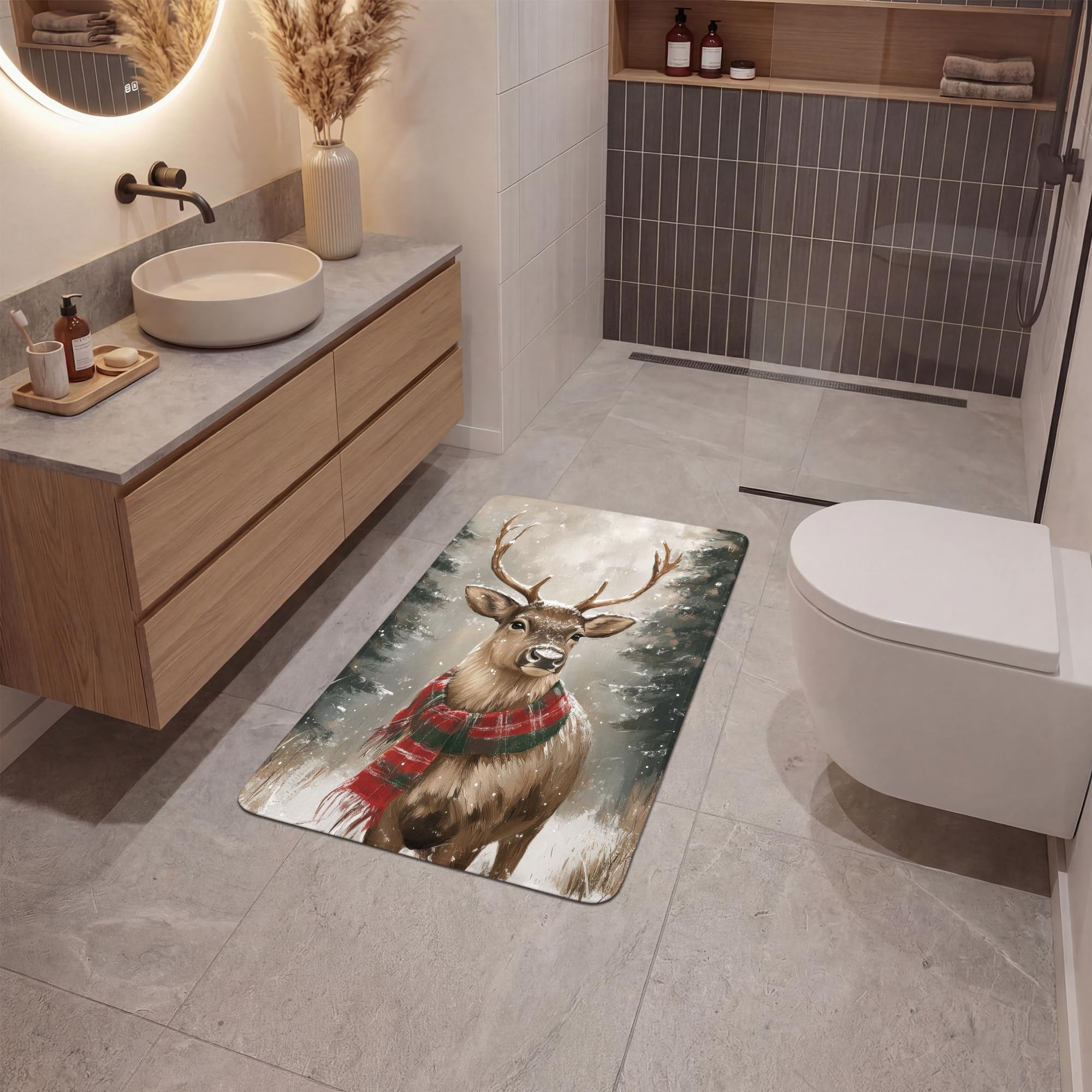 Alfombra De Baño Rectangular 60x90 cm Bathroom Bath Mat Lavable Tapete Antideslizante Alfombras Ducha Decoracion Alfombrilla Invierno - Bosque - Reno - Oscuridad