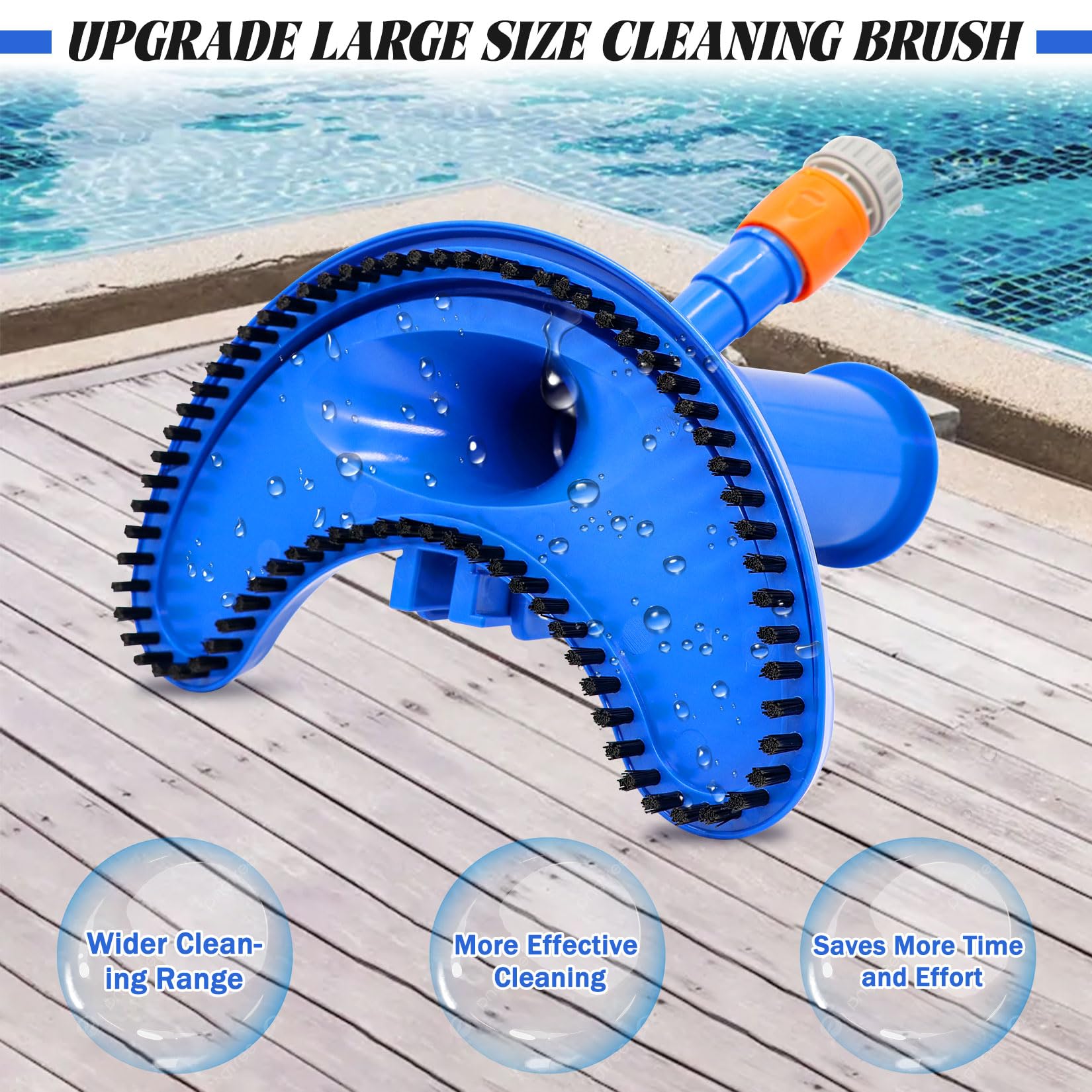 Aspirateur de piscine XL avec brosse incurvée prolongée, 4 barres en aluminium étendues et renforcées, kit de nettoyage de piscine