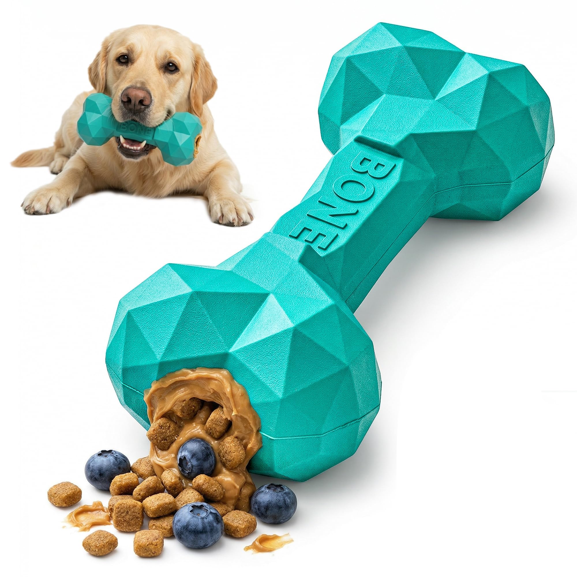 WildPaw ChewBit Durable Dog Chew Toy for Aggressive Chewers, Non-Toxic, BPA-Free, Natural Rubber Bone, Treat Stuffing Dispensing Toy, Boredom and Anxiety Relief for Large & Medium Dogs (Teal, Large)