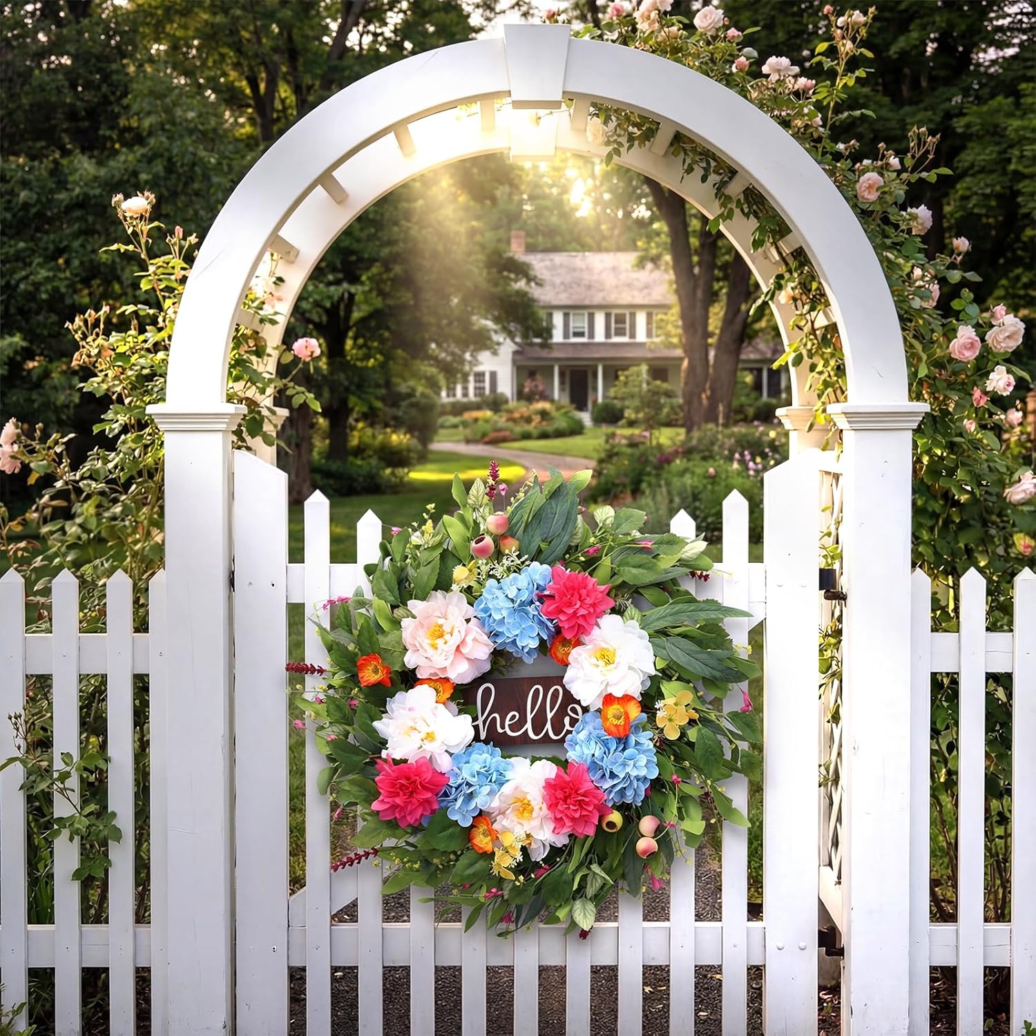 24" Peonies Wreaths for Front Door with Blue Hydrangea, Peonies, Dahlia, Phalaenopsis, Spring&Summer Outdoor Artificial Flowers for Wedding, Front Door Porch Yard Patio Home Decor