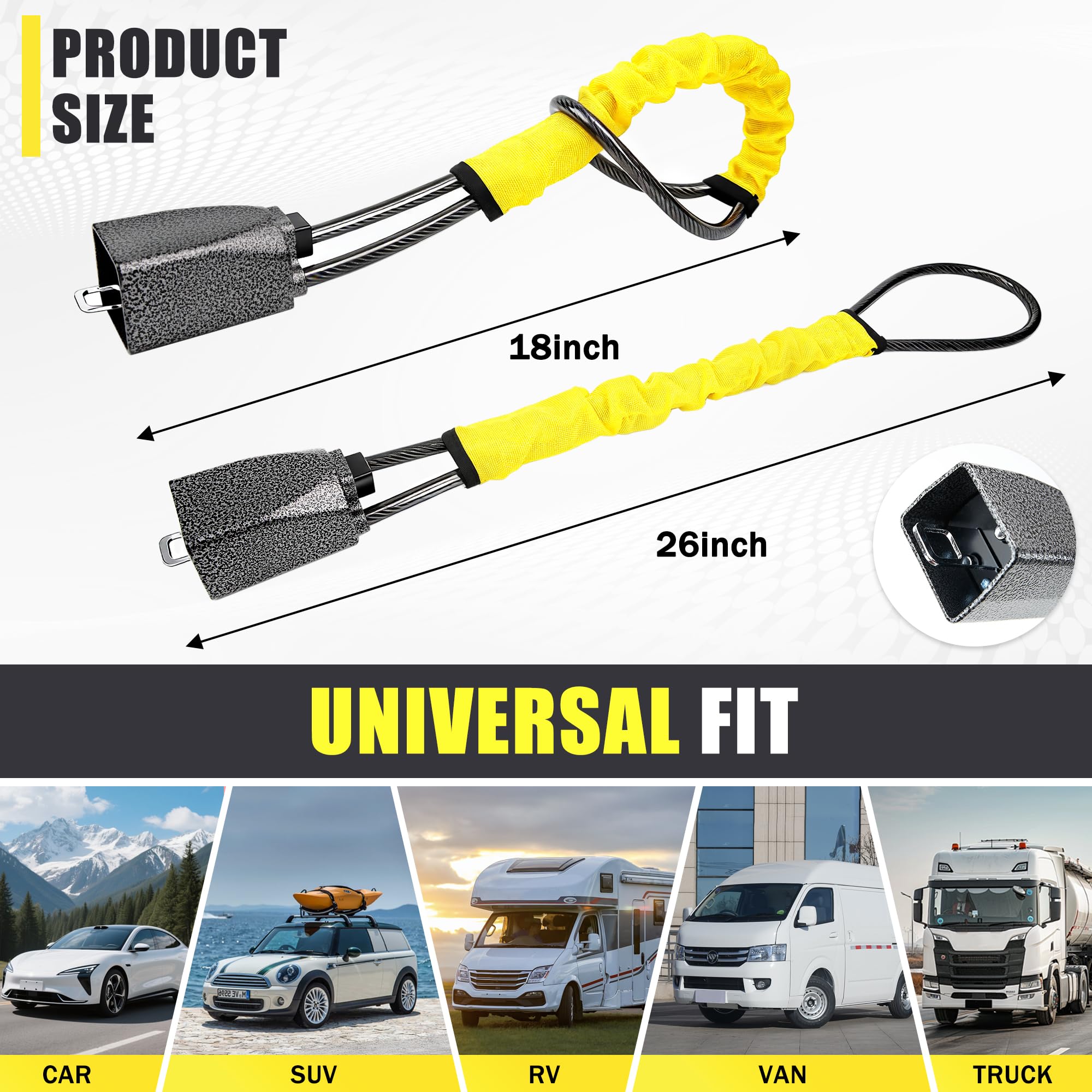 OXNSHEJW Steering Wheel Lock, Car Steering Wheel Locks, Car Seat Belt Lock with Metal Head, High Visibility Car Lock Anti-Theft Device for Car, SUV, Pickup, Van, RV, 3 Keys (Yellow) — view 5