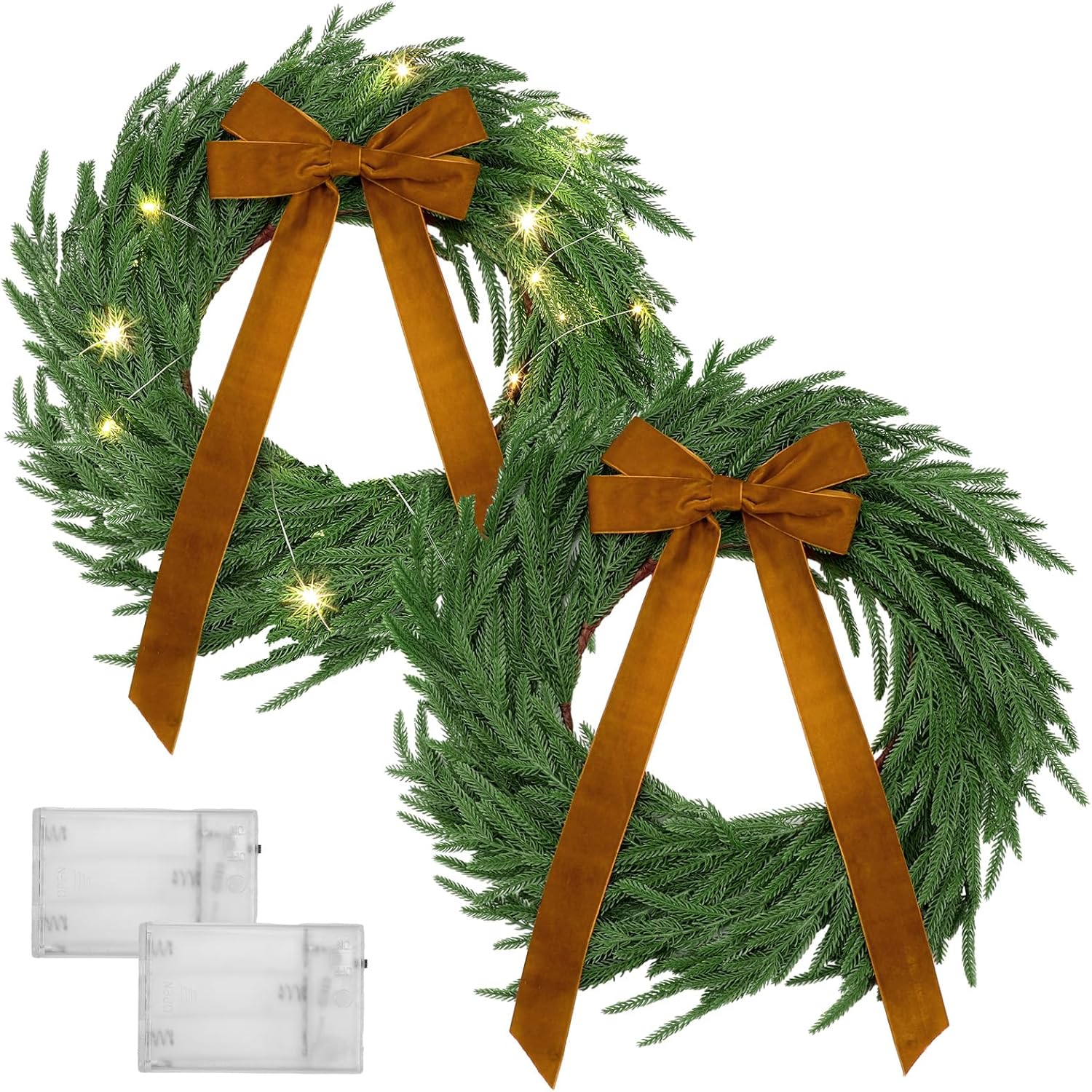 24 Inch Light Up Christmas Norfolk Pine Wreaths with Red Bows Artificial Real Touch Green Wreath with Pre-Lit LED for Front Door Wall Mantle Outdoor Xmas Windows Porch Decor