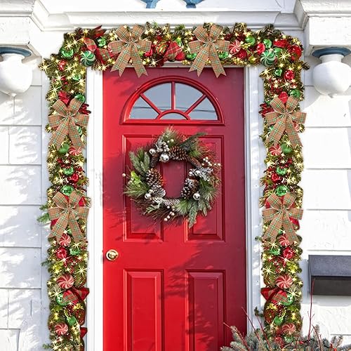 Corona de Navidad para puerta delantera, inalámbrica, rojo y blanco, adornos navideños para colgar en la pared, guirnalda de Navidad, corona de