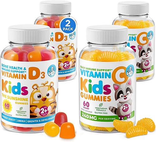 Gomitas de vitamina D y gomitas de vitamina C para niños y adultos - 2000 UI - Vitamina D3 natural de alta absorción - 240 mg - Soporte inmune bajo