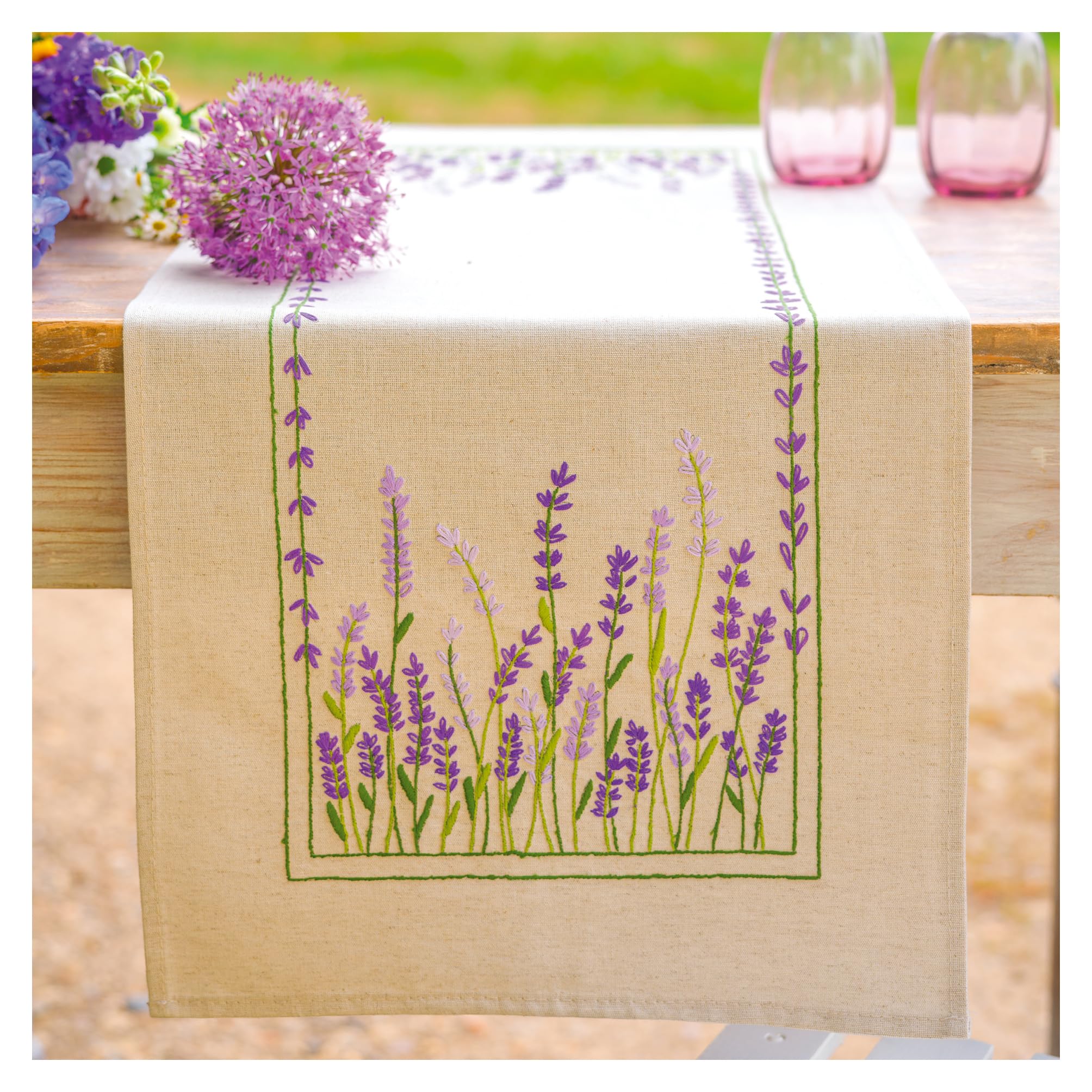 VERVACO Embroidery Kit Table Runner Embroidery Set Adults Pre-Printed Lavender Embroidery Runner for DIY Embroidery Pre-Drawn Blanket Embroidery Kit Flat Stitch Approx. 35 x 95 cm Creative Gift