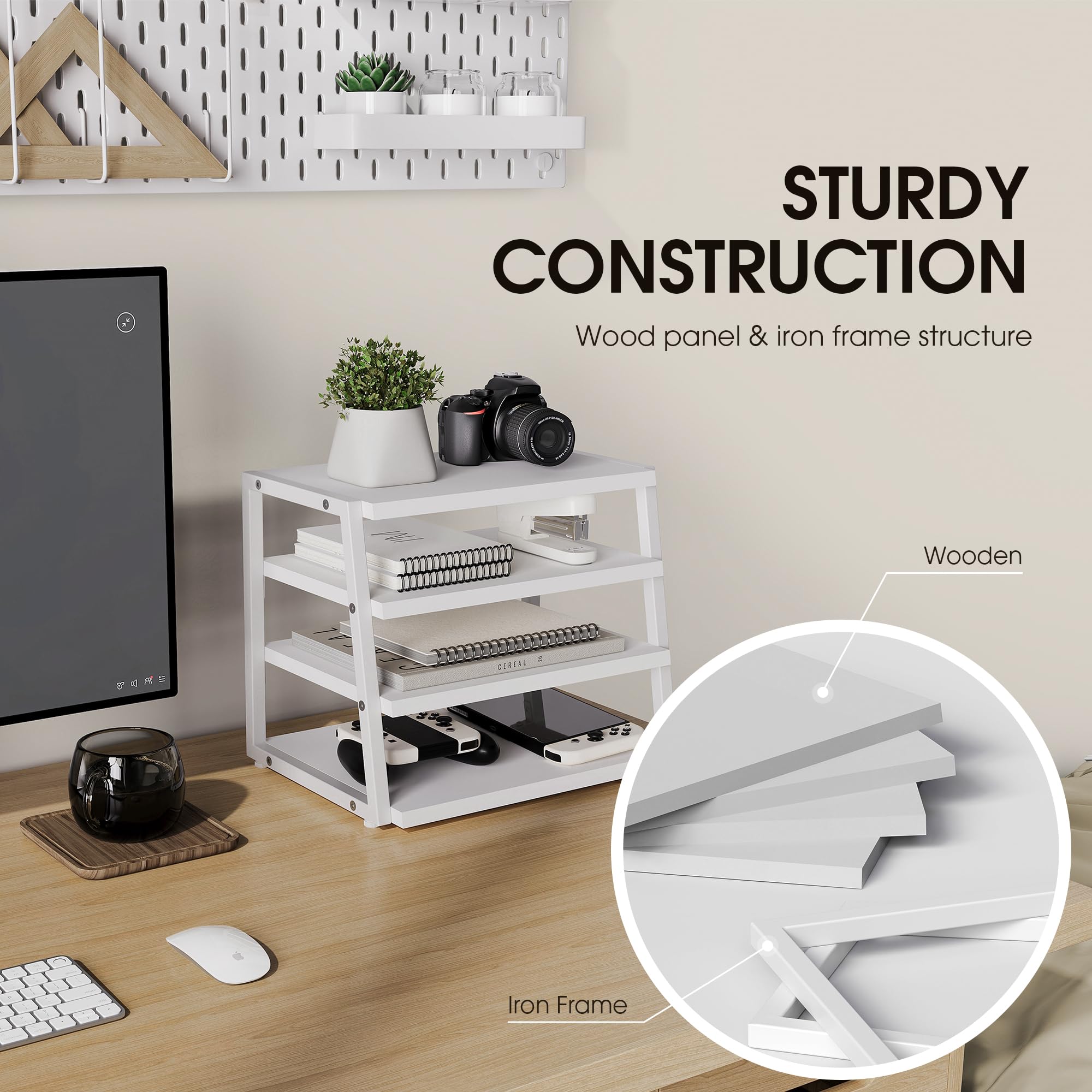 Fenge Organizer da Scrivania in Legno a 4 Livelli, Portadocumenti con Ripiani e Staffe in Metallo, Ideale per Documenti A4, Perfetto per Casa, Ufficio e Scuola, Bianco