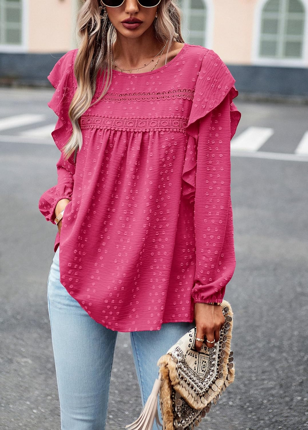 PRETTYGARDEN Women's Long Sleeve Shirts Ruffle Swiss Dot Crochet Loose Fit Tunic Dressy Casual Tops Blouses Spring Fashion - Image 6