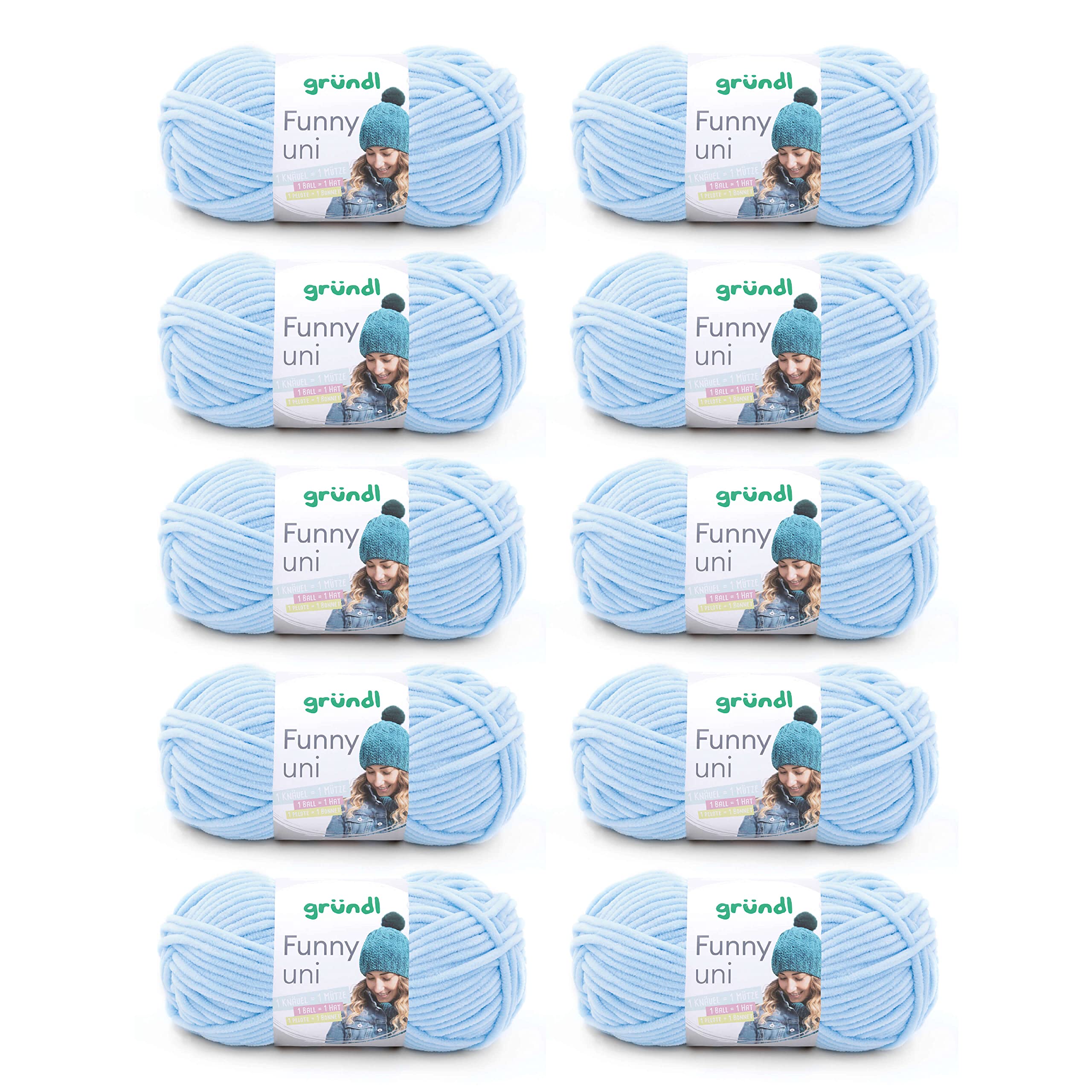 Gründl Laine Funny uni - laine chenille douce pour le crochet – moelleuse et respectueuse de la peau - 100% polyester – 10 pelotes 100 g / 120 m – taille d’aiguille 5-6 -bleu pastel