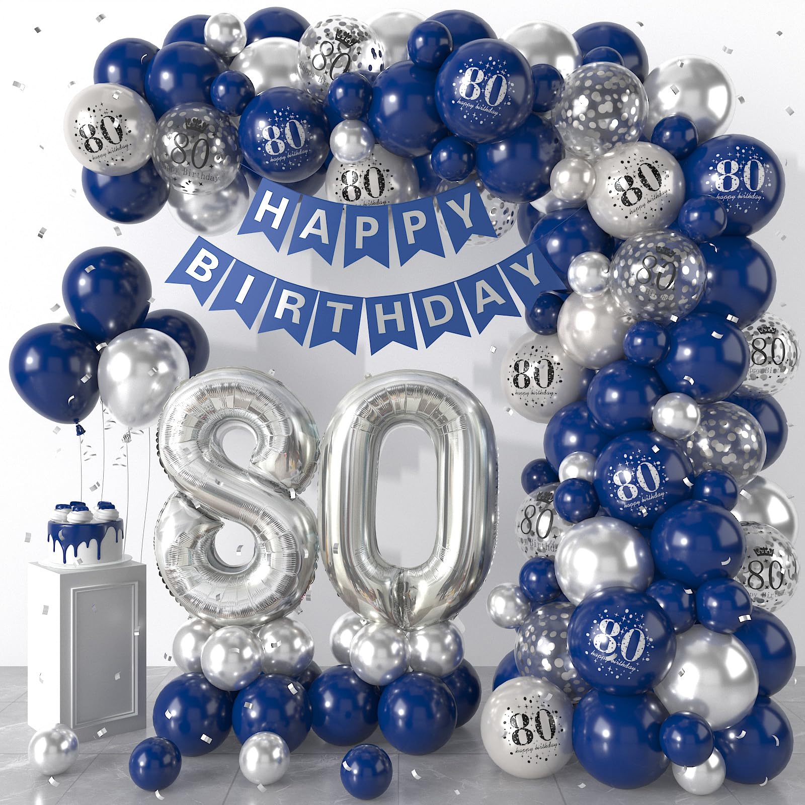 80th Birthday Decorations Navy Blue Silver,80th Birthday Balloon Garland Party Decorations with Number 80 Foil balloons,Happy Birthday Banner for Men Women 80th Birthday Party Decorations