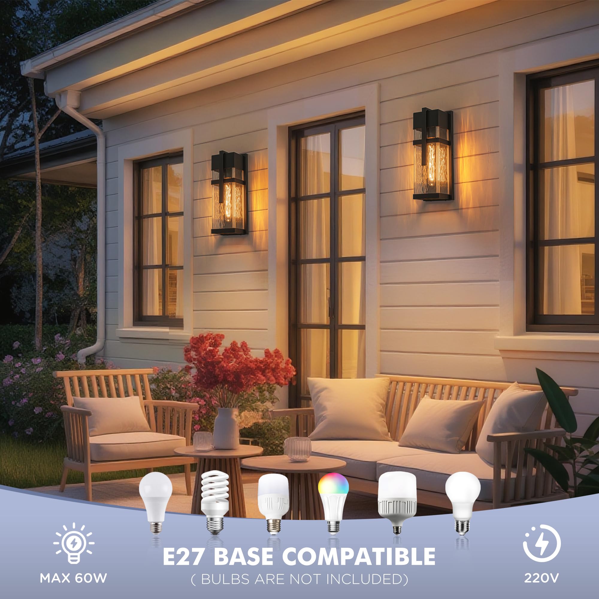 FTL Aussenlampe Wand mit Wassergeriffeltes Glas, Rechteck Außenwandlampe, Mattschwarz Aussenleuchten Hauswand, E27 Außenlampe Wand Laterne, IP44 Wasserdicht Aussen Wandleuchte für Veranda, Garten