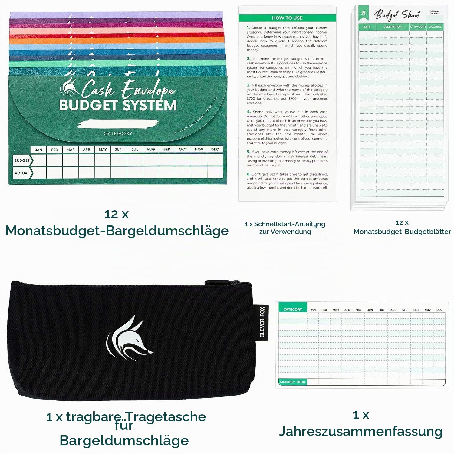 Clever Fox Geldumschläge für das Budgetsystem - Geldumschläge zum Budgetieren und Sparen, 12er-Pack in verschiedenen Farben, reiss- und wasserfest, + Tragetasche & 12 Budgetblätter - Sortierte Farben
