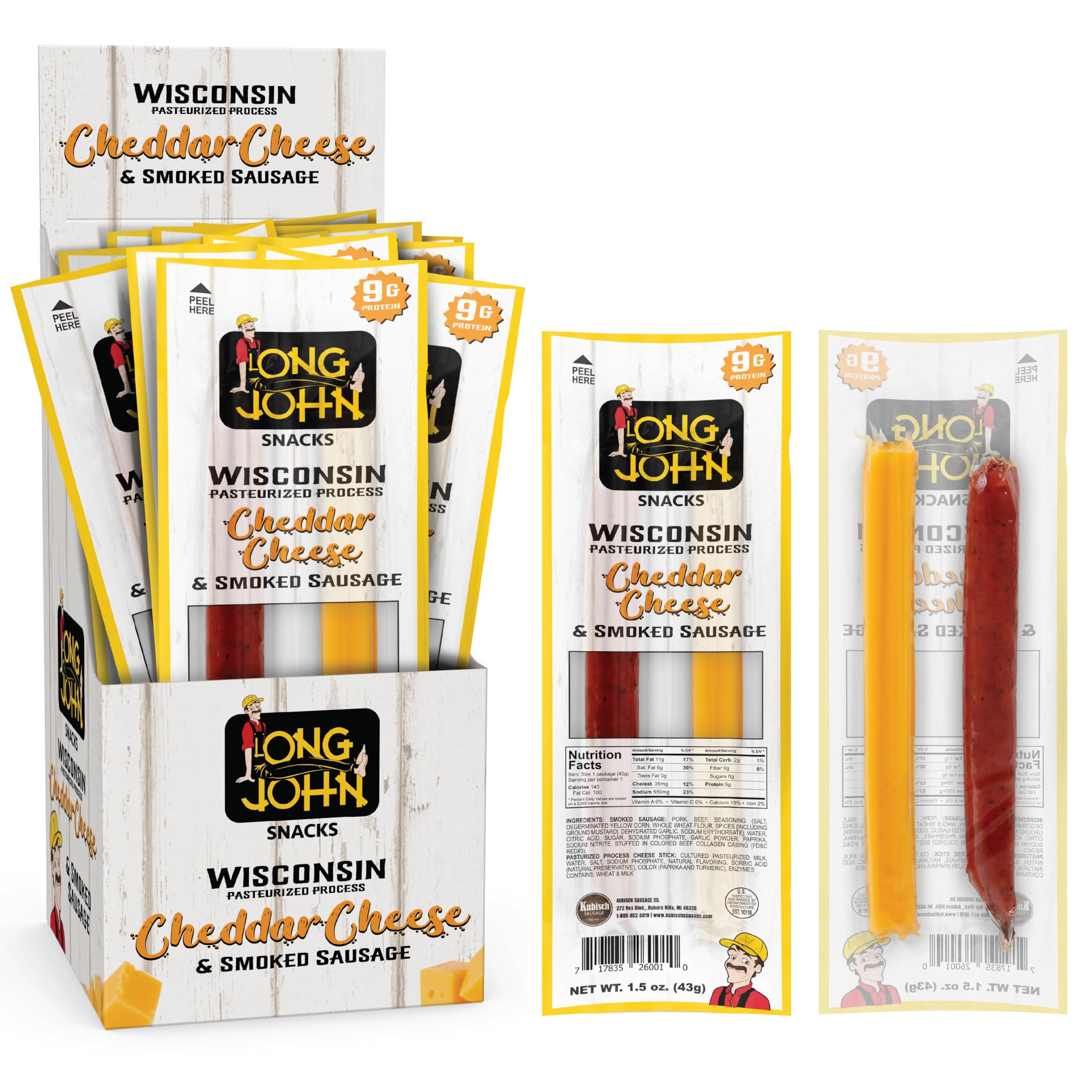 Long John Snacks Meat and Cheese Sticks - Original Smoked Sausage & Real Wisconsin Cheddar Cheese Stick - High Protein Snacks Made from Premium USA Pork & Beef - Low Carb, Keto Snack - 12 Pack