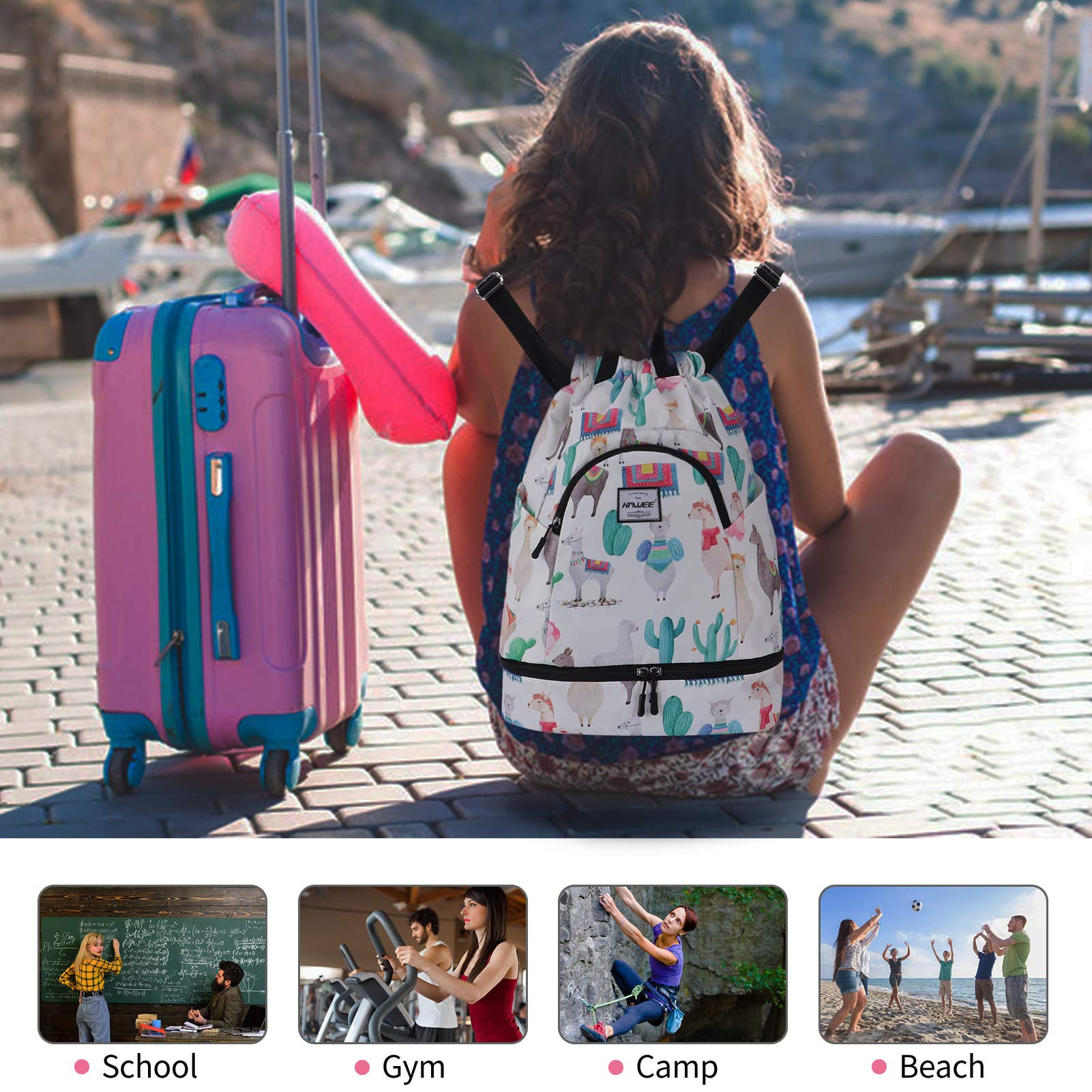 Étanche Sac à Dos à Cordon Grand Sacs de Sport à Cordon de Serrage Sac à Dos Unisexe pour Femme Hommes Voyage Vie Quotidienne Plein Air Yoga Natation Plage, L, Alpaga