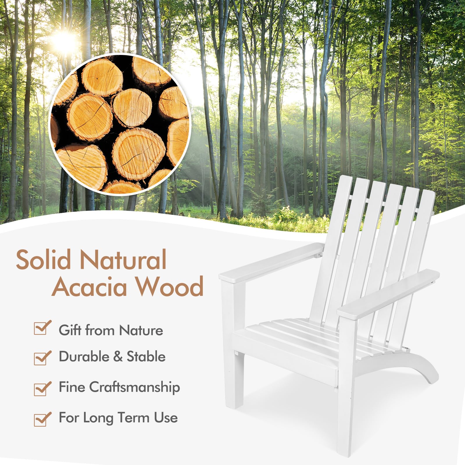 KOMFOTTEU Silla Adirondack de Madera de Acacia, Silla de Jardín con Respaldo y Reposabrazos, Sillón Ergonómica con Carga de hasta 160 kg, Silla de Relajación para Balcón, Terraza (Blanco)