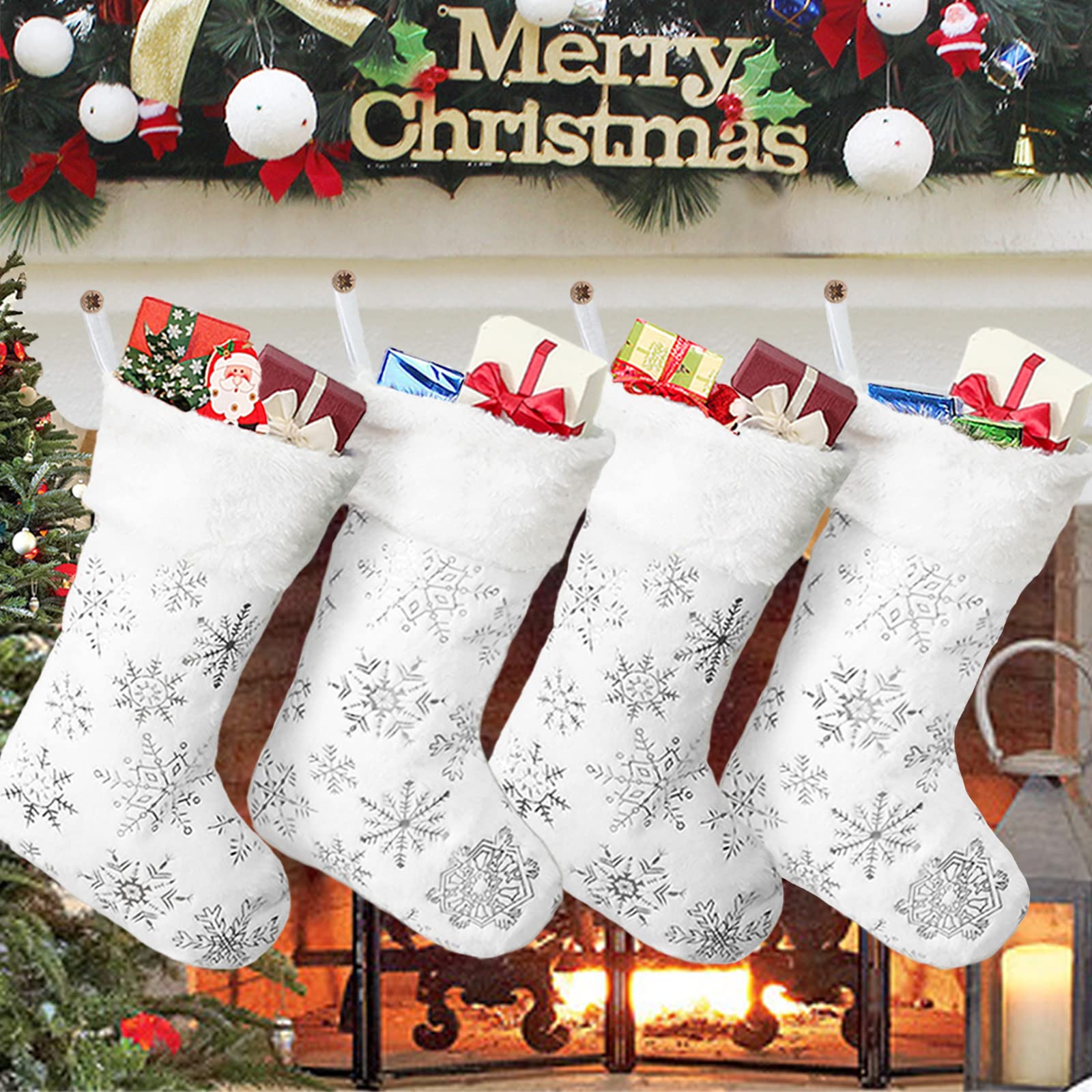 LiHoota Christmas Stockings Large 18 inches 4 Pcs - Plush Faux Fur Xmas Stocking with Silver Snowflake, for Family Holiday Personalized Party Decorations