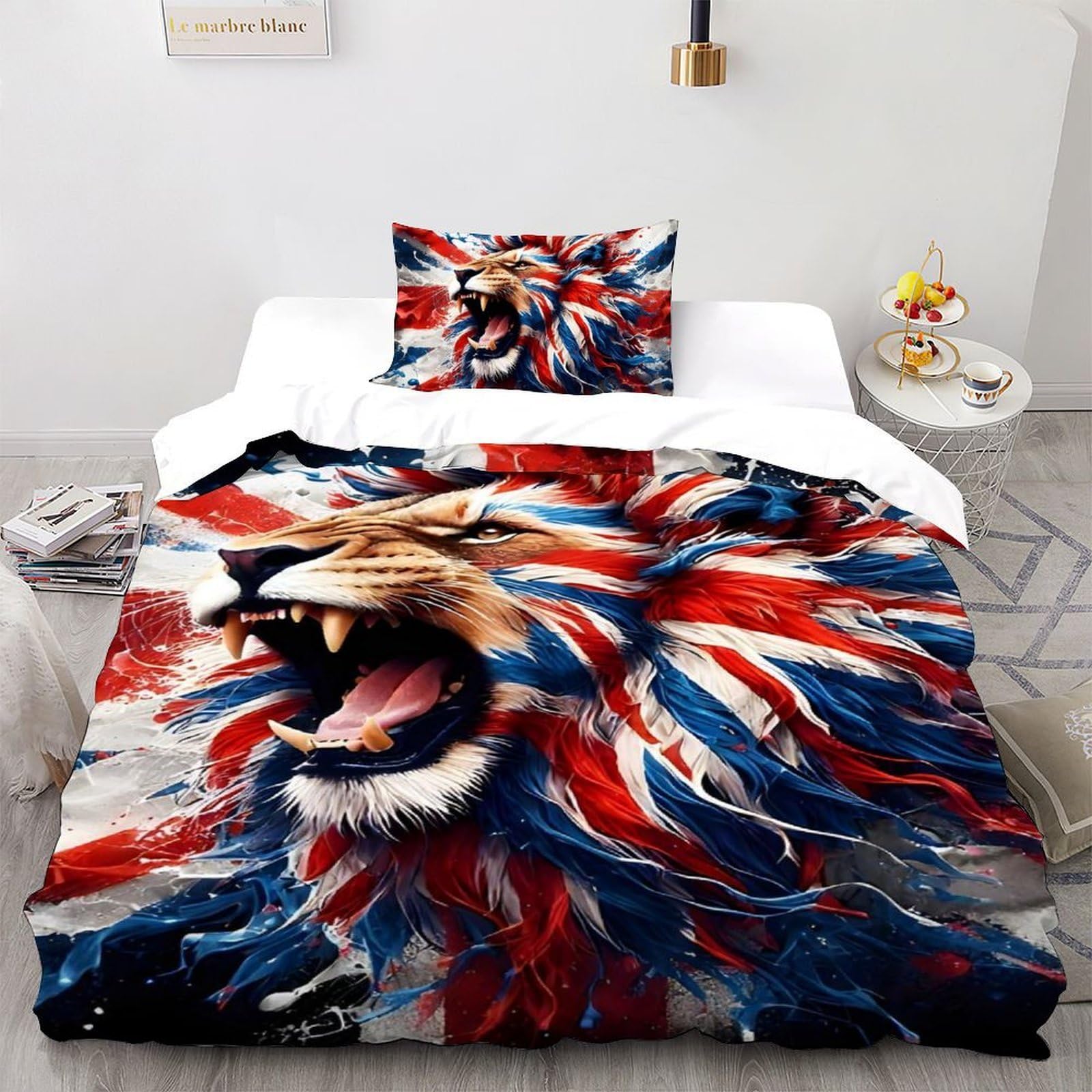 Shoverkd Union Jack Lion 3D Printed Duvet Cover Wild Land Animal Bedding Set 2Pcs Luxury Microfiber With Pillowcases,Hidden Zipper For Kid Teens Single（135X200cm） Room Decor