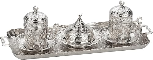 Miniatura 9 de Alisveristime Tazas de café expreso turco griego árabe otomano con platillo y tapa (juego de 2) (Hilal) (plateado)
