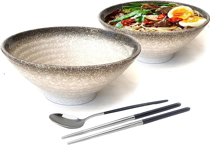 6 Pieces Ceramic XL Ramen Bowls Set: 2 White 60oz pho Bowl. Asian Chinese Japanese Soup. Includes: Stainless steel Spoon And Chopsticks. Noodles, Rice, Soup, Thai, Chinese, Korean, Udon, Wonton, Miso. - 9.5 in - White