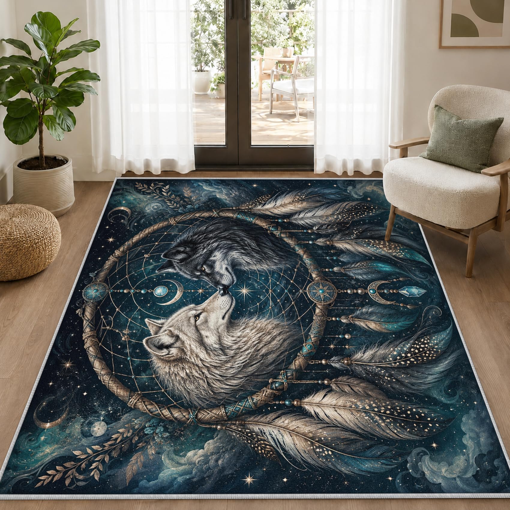 Generisch Wolf Traumfänger Teppich Waschbar rutschfest 80x150cm | Blau Galaxie Teppiche, Weich Kurzflor Teppich für Wohnzimmer Schlafzimmer Bettvorleger Küche, tV674