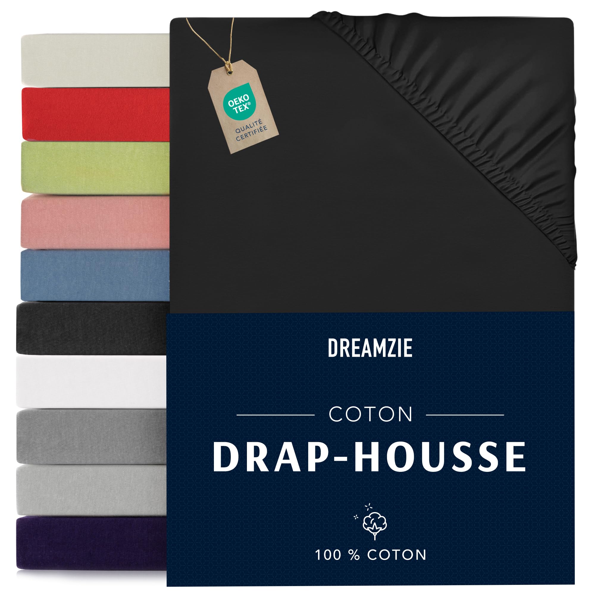 Dreamzie - Fitted Sheet 140 x 190/200 cm - Black - 100% Oeko Tex Certified Cotton Jersey - Fitted Sheet 140 x 190/200 cm