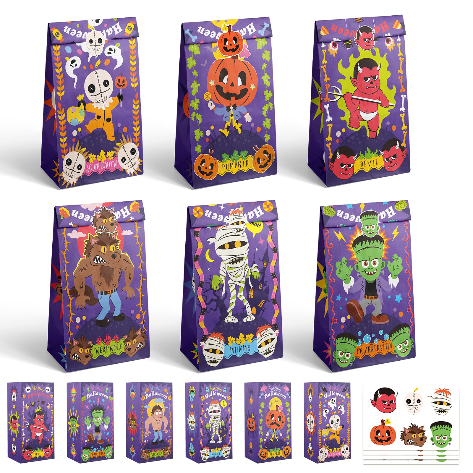 Gcardist 30Pcs Halloween Purple Werewolf Treat Paper Bags with 30 Stickers 5"x3"x9.5" Mini HWN Party Candy Goodie Snack Bags(12cm×8cm×24cm)