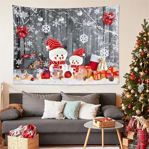 Miniatura 2 de HVEST Tapiz navideño de muñeco de nieve para colgar en la pared, lindo muñeco de nieve y árbol con bola de Navidad sobre fondo de tablero gris,