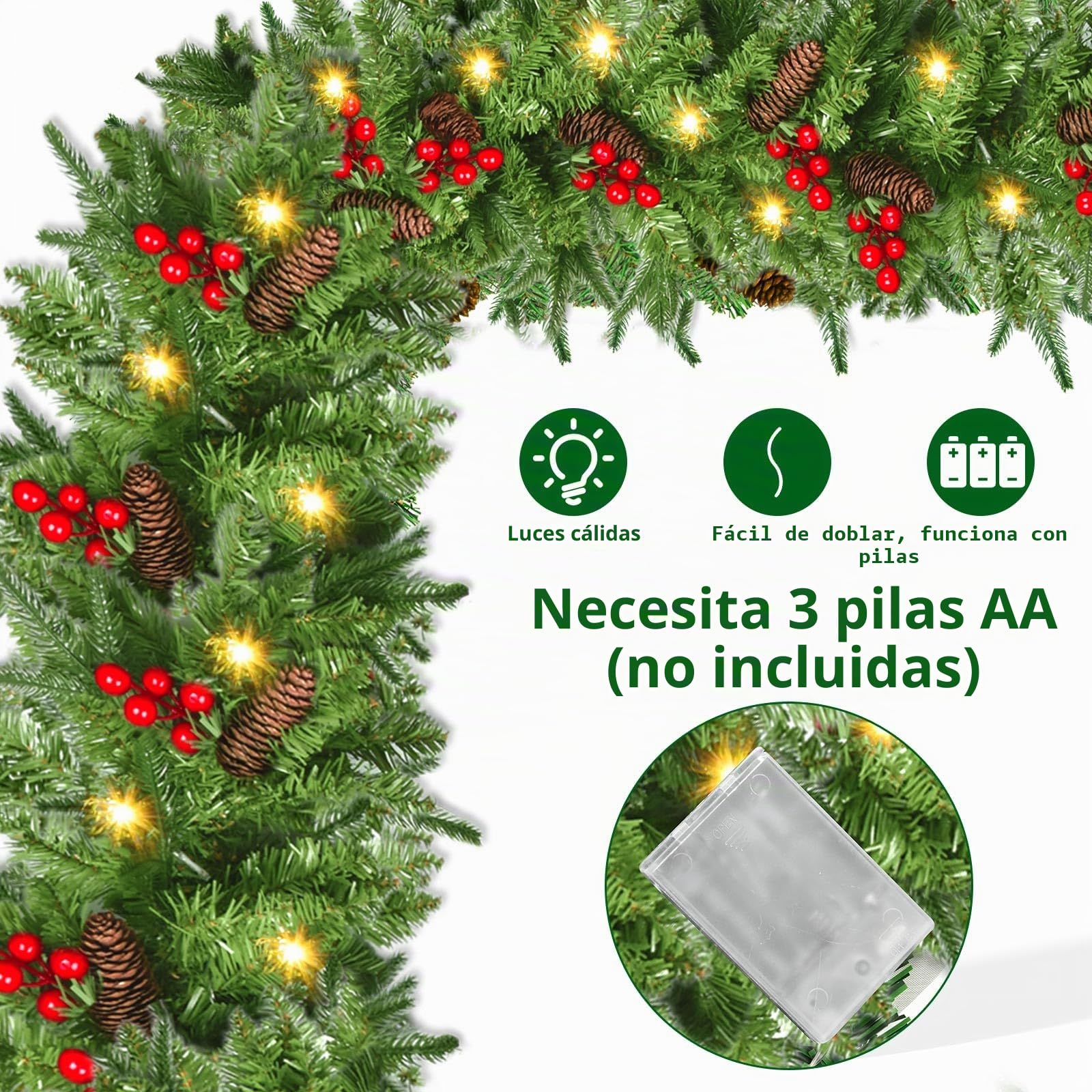 NUZEKY Guirnalda de Navidad, 2,7 m, Guirnalda de Abeto con 30 Luces LED, Guirnalda de Navidad, Guirnalda de Navidad para Exterior con Flores, Bolas para Interior y Exterior, Chimenea, Escalera