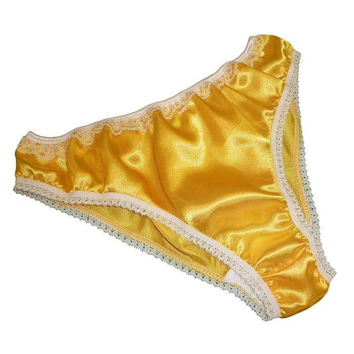 Buy Shiny Satin Low Rise Bikini Brief Panties Yellow with Ivory lace